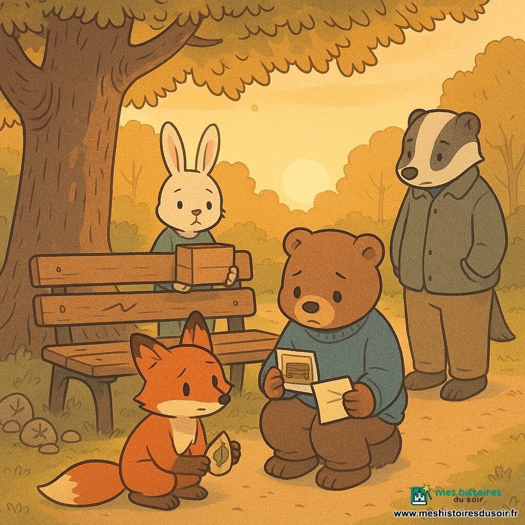 Basile, un jeune ours brun au pull trop large tient une petite photo et un papier plié, Lina, une renarde rousse accroupie, porte un caillou peint, Tom, un lapin blanc, se tient derrière le banc serrant une boîte en carton, Sam, un blaireau, observe en retrait mains dans les poches; au crépuscule dans un parc dominé par un grand chêne, un banc en bois usé marqué d’une rayure en zigzag et quelques cailloux peints au pied de l’arbre, les enfants déposent une boîte à souvenirs et des pierres peintes dans une atmosphère calme, respectueuse, baignée de lumière dorée.