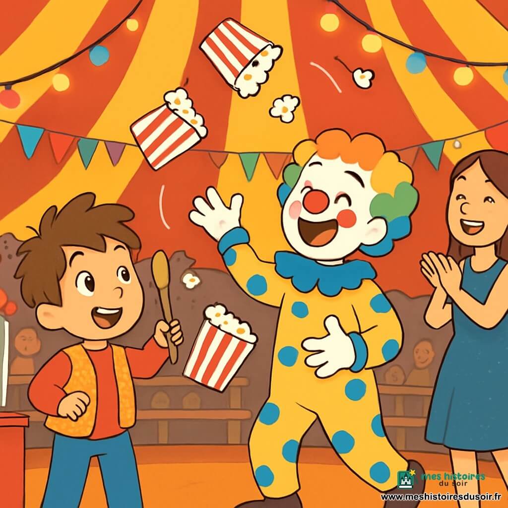 Un petit garçon de 4 ans, Léo, avec des cheveux bruns en bataille et un grand sourire, porte un gilet brillant et tient une cuillère en bois près d'une machine à popcorn. À ses côtés, un clown joyeux, Lulu, jongle avec des sacs de popcorn. En arrière-plan, une jongleuse, Zoé, applaudit en tenant des ballons colorés. Le chapiteau de cirque, aux rayures rouges et jaunes, est rempli de lumières et de décorations festives, avec des spectateurs émerveillés. Léo, déterminé, essaie de rattraper le popcorn qui vole à cause du vent, aidé par Lulu et Zoé.