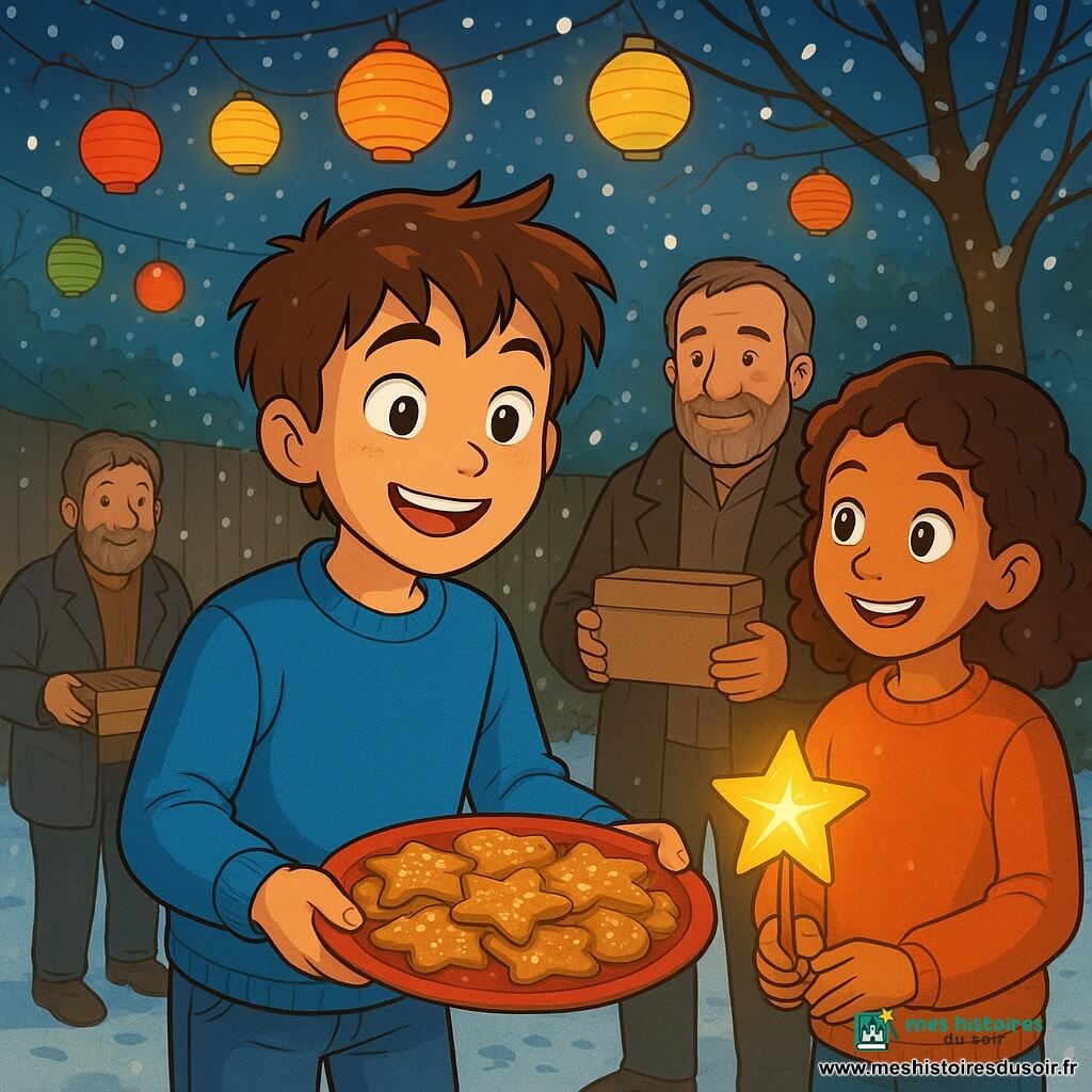 Arthur, un garçon de 10 ans aux cheveux châtains en bataille et aux yeux pétillants, se tient au centre de la scène avec un sourire rayonnant. Il porte un pull bleu vif et un pantalon en jean, tendant une assiette de biscuits au miel. À ses côtés, une fille de 9 ans aux cheveux bouclés, tenant une lanterne étoilée, le regarde avec un sourire complice. En arrière-plan, Monsieur Delcourt, un homme d'une cinquantaine d'années avec une barbe grisonnante, sourit timidement en tenant une boîte de biscuits. La scène se déroule dans une cour arrière animée, illuminée par des lampions et des flocons de neige, créant une ambiance festive. Arthur partage des biscuits et des sourires avec des voisins joyeux, célébrant le Nouvel An dans une atmosphère chaleureuse.