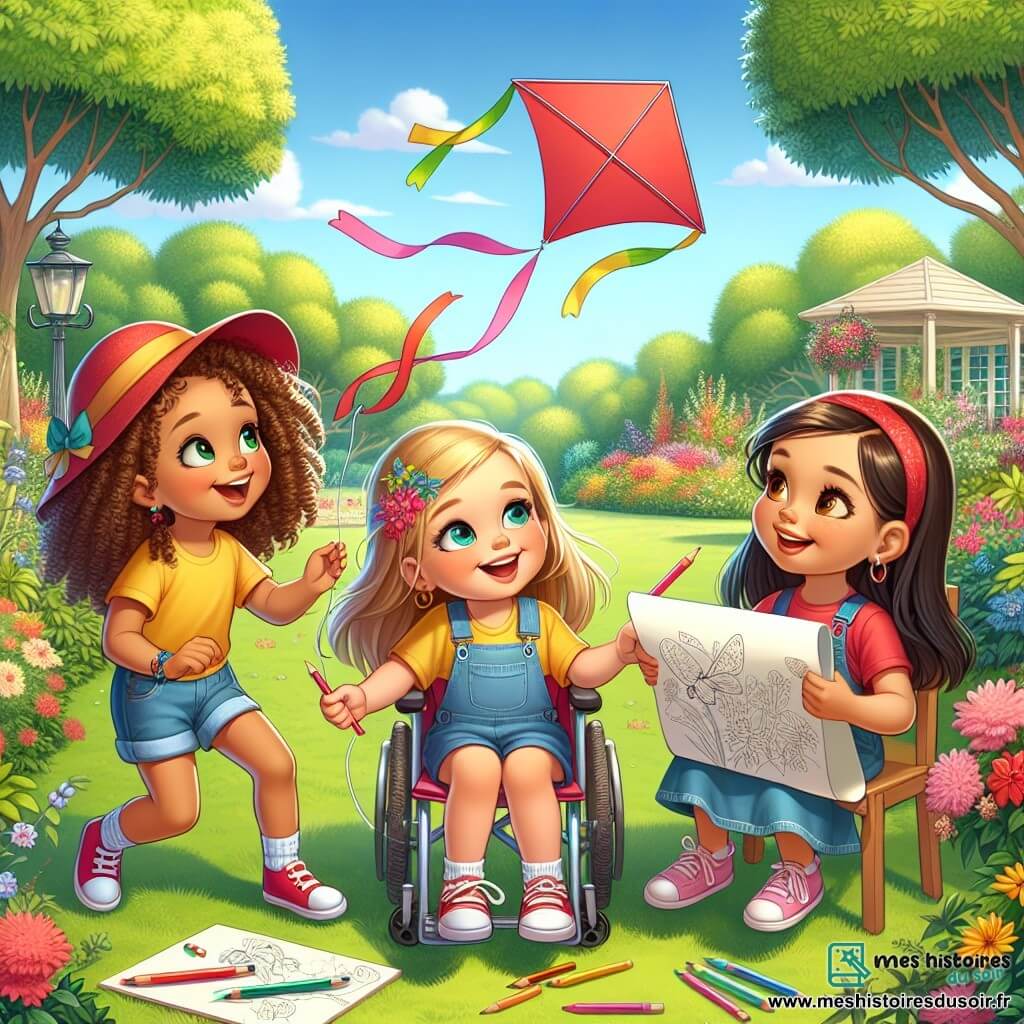 Trois filles joyeuses, Lou, Zoé et Emma, se trouvent dans un jardin verdoyant. Lou, 8 ans, avec des cheveux bouclés et un t-shirt jaune, tient un cerf-volant rouge. Zoé, aussi âgée de 8 ans, porte un chapeau rouge et un short en jean, souriant en regardant le cerf-volant. Emma, 7 ans, avec des cheveux lisses et une robe bleue, est assise sur une chaise roulante, tenant des crayons de couleur et un grand papier. Le jardin est rempli de fleurs colorées et de grands arbres, sous un soleil doux. Les trois amies jouent ensemble, profitant de la nature et créant des souvenirs inoubliables.