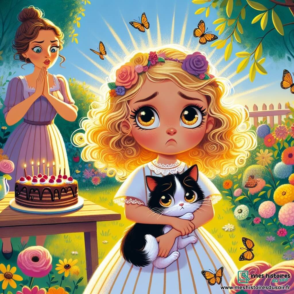 Une petite fille de 4 ans, Lila, aux cheveux bouclés et dorés, se tient dans un jardin ensoleillé avec une expression de culpabilité, tenant un petit chat noir et blanc nommé Moka. Sa maman, une femme d'une trentaine d'années, est à côté d'elle, avec un regard doux mais sérieux, portant un tablier coloré et tenant une spatule en bois. Le jardin est rempli de fleurs colorées et d'un grand arbre. On aperçoit une petite table de pique-nique avec un gâteau au chocolat. Lila avoue à sa maman qu'elle a menti à propos de Moka, illustrant l'importance de la vérité.