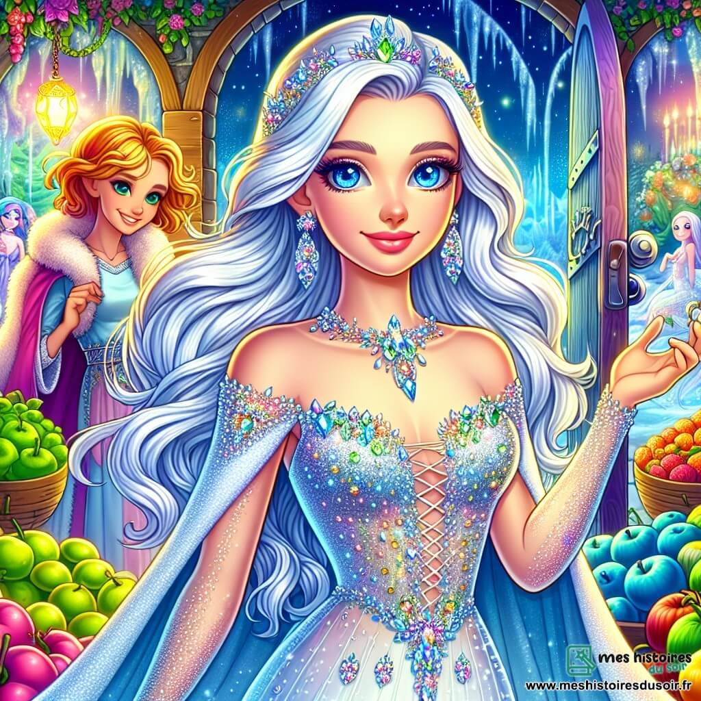 La Reine des Neiges, d'une beauté éclatante, porte une robe de glace ornée de cristaux. Son visage exprime une curiosité émerveillée et ses longs cheveux argentés flottent dans le vent. Elle se tient devant une porte magique, clé à la main, prête à découvrir un nouveau monde. À ses côtés, Lyra, une ensorceleuse de 20 ans aux cheveux roux, l'encourage à franchir le seuil. Le lieu est un marché enchanté, vibrant de couleurs, avec des stands de fruits improbables et des créatures fantastiques. La Reine hésite devant la porte, entourée de l'effervescence du marché, prête à faire un choix qui changera sa vie.