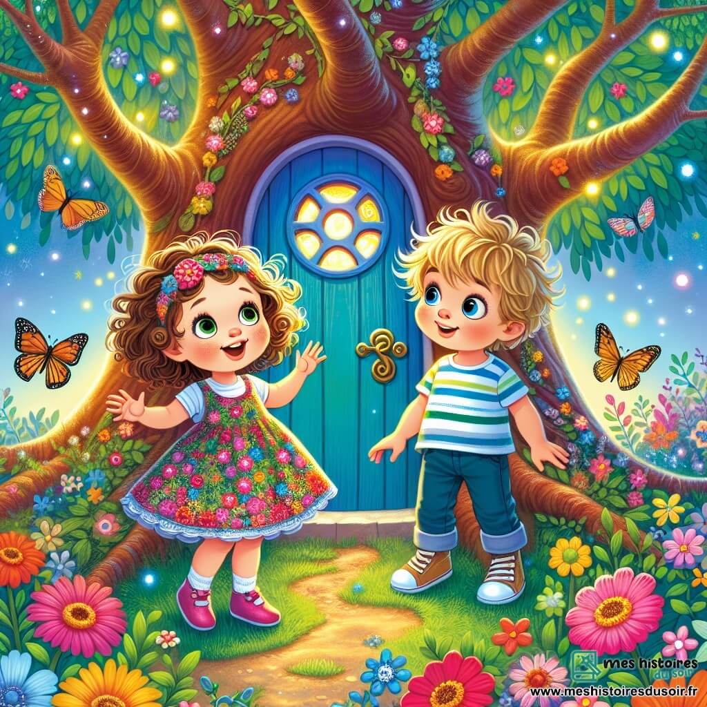 Une petite fille de 2 ans, Mia, avec de grands yeux brillants et des cheveux bouclés, porte une robe colorée à motifs floraux. Elle sourit en découvrant une petite porte bleue dans un arbre. À ses côtés, Léo, un garçon de 3 ans aux cheveux blonds et en t-shirt rayé, observe la porte avec curiosité, prêt à explorer. Le jardin enchanteur est rempli de fleurs vives, de papillons et d'un grand arbre majestueux. La lumière du soleil crée des ombres dansantes. Mia et Léo, devant la porte magique, sont impatients de découvrir le chemin lumineux qui les attend.