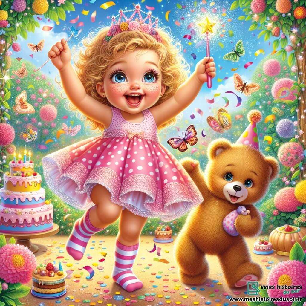 Lila, une petite fille d'un an aux cheveux bouclés et dorés, danse au milieu de confettis colorés, tenant une baguette magique scintillante. Elle porte une robe rose à pois blancs et des chaussettes rayées. À ses côtés, son ours en peluche, Monsieur Poilu, un ours brun souriant, semble aussi danser. Le décor est un jardin enchanteur avec des fleurs vives, des papillons et un ciel bleu. Lila rit aux éclats, entourée de gâteaux tombant du ciel, tandis que les confettis créent une ambiance festive et joyeuse.