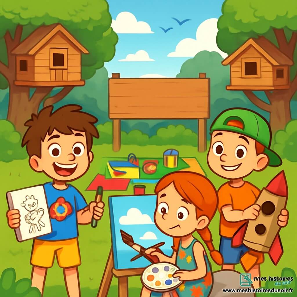 Trois personnages sont présents : Tom, un garçon de 9 ans avec des cheveux bruns en bataille, un t-shirt bleu avec un super-héros et un short jaune, tenant un carnet de dessins et un crayon, souriant. Zoé, une fille de 9 ans avec des tresses rousses, porte une robe à fleurs colorées et est assise sur une pierre, tenant une palette et un pinceau, concentrée sur son tableau. Léo, également âgé de 9 ans, porte une casquette verte à l'envers, un t-shirt orange et un short bleu, se tenant debout avec un grand sourire, prêt à montrer sa maquette de fusée en carton. L'action se déroule dans un camp d'été animé, entouré d'arbres, avec des cabanes en bois et un terrain de jeux coloré. Tom, Zoé et Léo sont engagés dans des activités créatives, chacun concentré sur son projet dans une ambiance joyeuse et colorée.