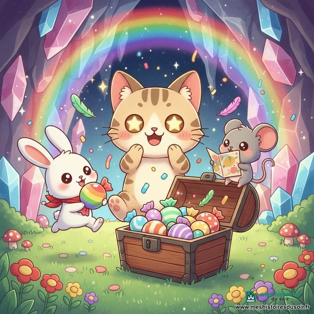 Gigi le chat tigré beige et brun, joyeux, sourire large et yeux en forme d'étoile, assis et applaudissant devant un coffre ouvert rempli de bonbons géants multicolores; Loulou le lapin blanc à l'écharpe rouge, sautillant avec un énorme bonbon à gauche; Zaza la souris grise, malicieuse, tenant une carte perchée sur le bord du coffre à droite; coffre ancien en bois, plumes et confettis flottant; arrière-plan : grotte scintillante aux cristaux roses et bleus avec lumière arc-en-ciel et clairière fleurie (rouge, jaune, violet) et champignons; ambiance festive, couleurs vives, textures douces, composition centrée sur le trio et le coffre, expressions exagérées et adorables.