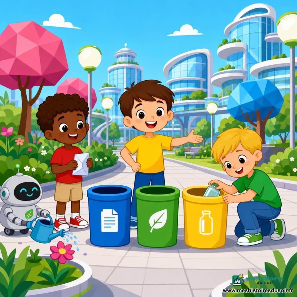 Trois garçons de 6 ans au parc central d'une cité futuriste : Léo, cheveux bruns courts, t-shirt jaune et pantalon bleu, au centre montrant une poubelle verte ; Max, cheveux bouclés châtain, t-shirt rouge et short beige, à gauche souriant avec un papier plié ; Théo, cheveux blonds, t-shirt vert et jean, à droite accroupi pour déposer un pot en verre dans une poubelle jaune. Arrière-plan : allée pavée, arbres aux feuilles géométriques rose et bleu, lampadaires ronds et immeubles vitrés. Au premier plan trois poubelles alignées (bleue, verte, jaune) avec pictogrammes et un petit robot jardinier gris clair arrosant une fleur. Scène joyeuse et optimiste, couleurs vives, formes simples et contours nets.