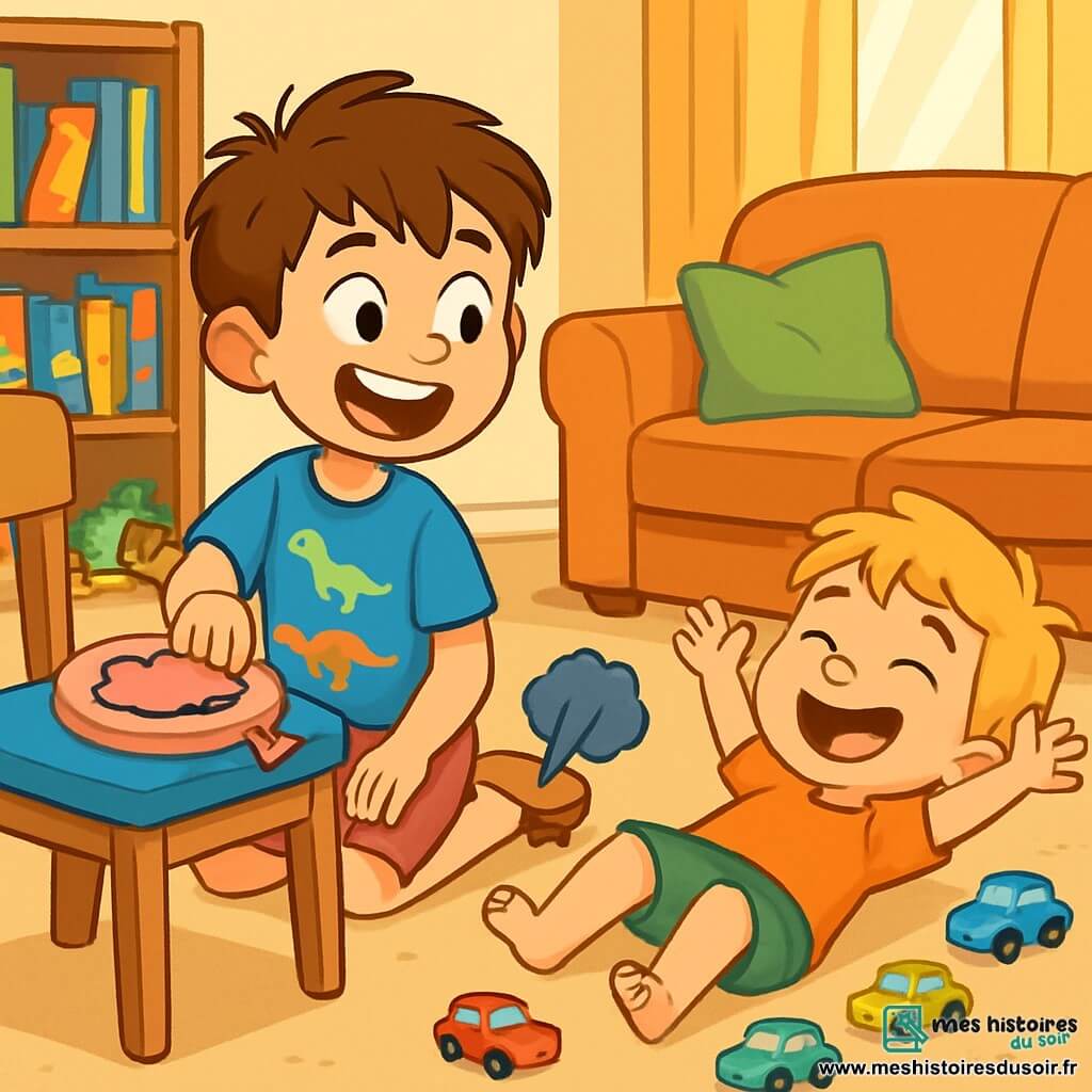 Un garçon de 8 ans, Tommy, avec des cheveux châtains en bataille et des yeux malicieux, est assis sur le sol du salon, riant aux éclats. Il porte un t-shirt bleu avec des dinosaures et un short rouge. À côté de lui, son petit frère Lucas, âgé de 5 ans, avec des cheveux blonds et des joues rondes, est allongé sur le tapis, riant aussi, entouré de petites voitures colorées. Le salon est lumineux, avec un canapé moelleux, des coussins colorés, des jouets en désordre et des rayons de soleil filtrant à travers les rideaux. Au fond, une grande étagère est remplie de livres d'images et de jeux de société. Tommy et Lucas préparent une farce en plaçant un coussin de péteux sur la chaise de leur père, attendant avec impatience qu'il s'assoit, le visage illuminé par l'excitation et le rire.