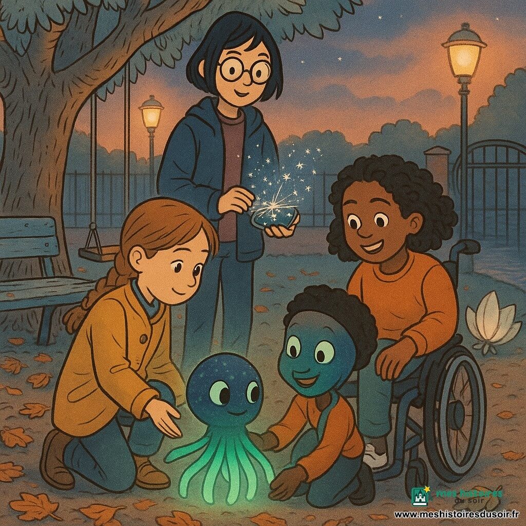 Quatre personnages se tiennent dans la cour d'école au crépuscule sous un grand arbre aux feuilles argentées : Élise, ~10 ans, cheveux châtains en tresse, manteau jaune moutarde, accroupie à gauche et tendant la main vers l'extraterrestre ; Nora, ~11 ans, cheveux courts noirs et lunettes rondes, veste bleu marine, au centre arrière tenant un objet métallique projetant une carte lumineuse ; Samira, ~10 ans, en fauteuil roulant manuel, chevelure bouclée et sourire vif, à droite, la main posée sur la créature ; et Plume, petite créature ronde comme une pelote, peau bleu nuit tachetée de turquoise, grands yeux de verre mat, petits tentacules translucides, émettant une lueur verte douce. Autour d'eux un banc bleu écaillé, feuilles mortes au sol, une vieille balançoire et une rivière sombre en arrière-plan; un petit vaisseau en forme de fleur mécanique est posé près du portail, pétales translucides entrouverts laissant échapper un faisceau pâle. Les filles entourent Plume, paumes scintillantes posées sur lui ou sur l'objet projecteur, regards émerveillés ; ambiance calme et secrète, éclairage doux orangé et contrastes chauds/bleus.