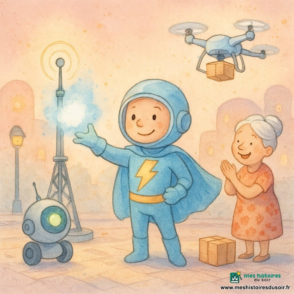 Un super-héros souriant à cape bleu clair et éclair jaune sur le torse, casque à visière ronde, tend la main droite et envoie un petit nuage lumineux blanc-bleu qui calme une grande antenne métallique clignotante jusqu’à une pulsation lente comme un cœur; à sa gauche roule Pilo, petit robot rond gris clair à œil vert, la mamie d’environ 70 ans aux cheveux blancs en chignon et robe fleurie applaudit à droite avec un colis léger à ses pieds, un drone facteur blanc oscille au-dessus montrant un paquet; scène sur la place urbaine Luma aux tours rondes éclairées de petits soleils jaunes, lampadaires souriants, pavés pastel et rails lisses, ciel crépusculaire rose-pêche, ambiance chaleureuse en style enfantin doux aquarelle, contours estompés, haute lisibilité pour tout-petits.