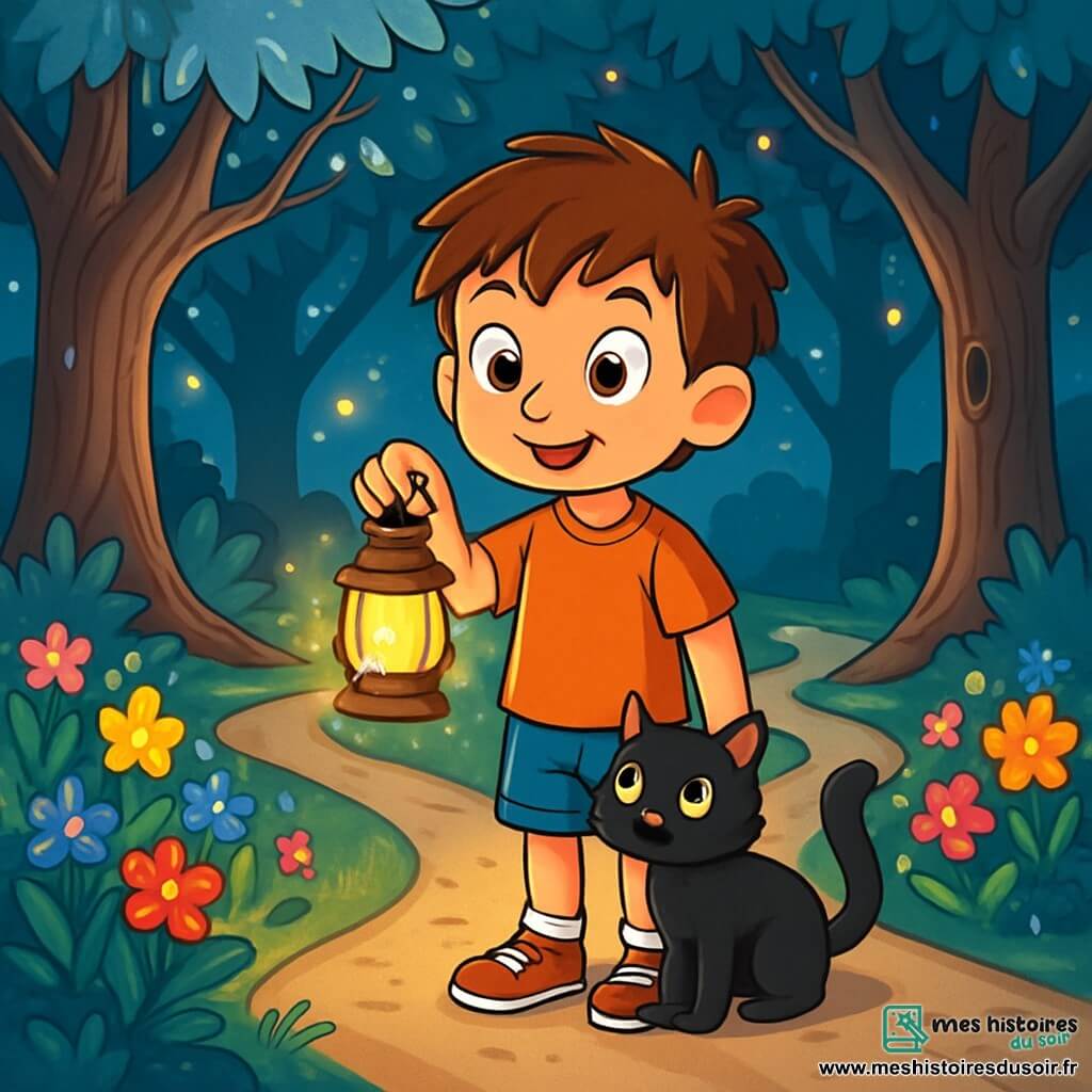 Un garçon de 8 ans, Eliot, aux cheveux châtains en bataille et aux yeux curieux, se tient au bord d'un sentier forestier. Il exprime une détermination joyeuse en tenant une lanterne magique scintillante. À ses côtés, son chat Mistigri, un petit félin noir aux yeux verts, se frotte contre sa jambe, prêt pour l'aventure. Ils se trouvent dans une forêt enchantée, avec des arbres majestueux aux troncs noueux et des feuilles d'argent. Des fleurs colorées bordent le chemin, et des lucioles dansent autour d'eux. Eliot se tient devant un croisement mystérieux, hésitant entre trois sentiers, chacun promettant une aventure différente, dans une atmosphère chargée de magie.