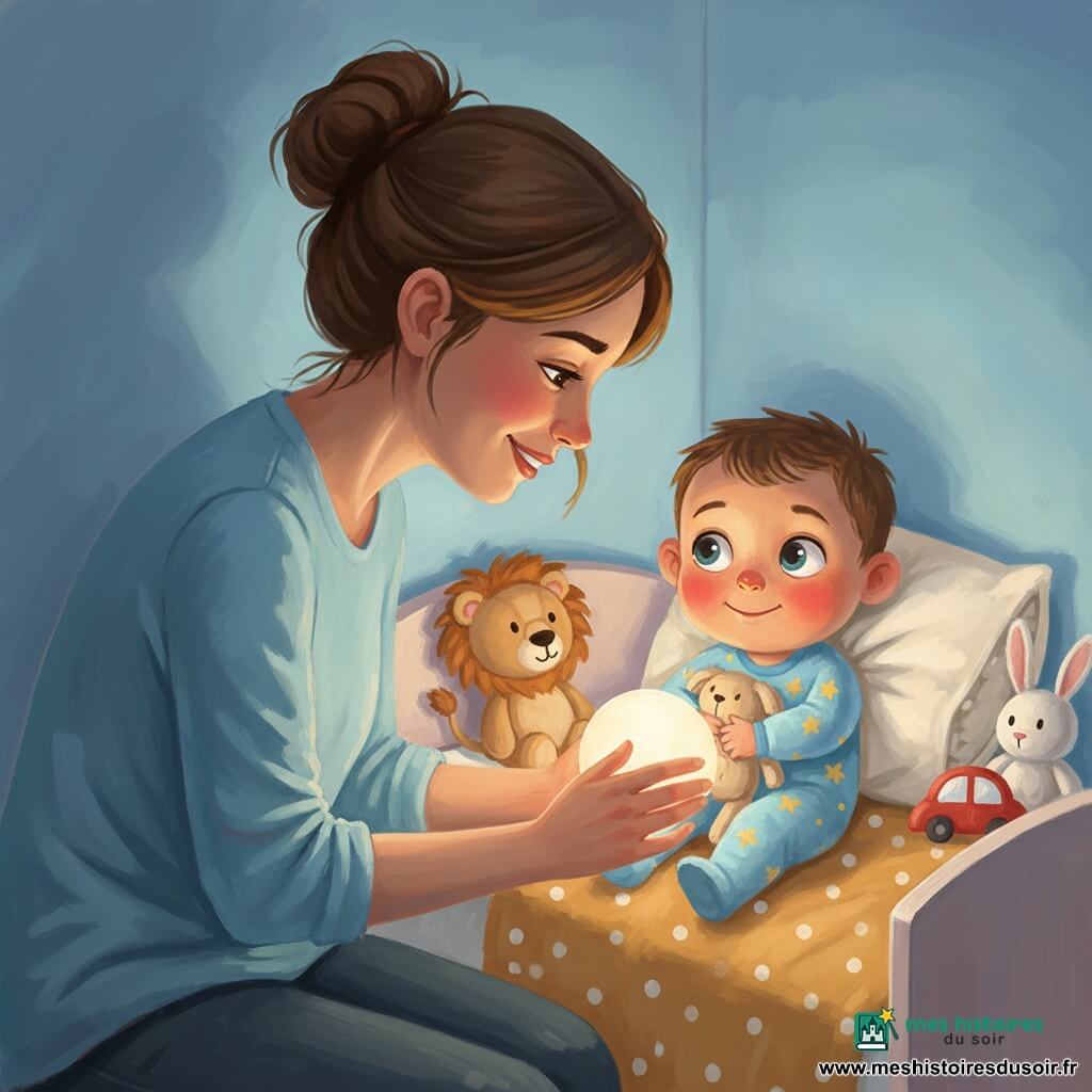 Un garçon de 2 ans au visage rond et aux joues roses, vêtu d’un body bleu à étoiles et serrant un doudou beige, regarde une veilleuse tandis qu’il sourit timidement et se blottit contre sa maman ; elle, une femme d’environ 30 ans aux cheveux châtains en chignon et au sourire doux, est assise au bord du lit, a juste allumé la veilleuse ronde qui diffuse une lueur orangée chaude, transformant la chambre nocturne aux murs bleus en un coin calme et rassurant avec une petite couette moutarde à pois et quelques peluches éparpillées.