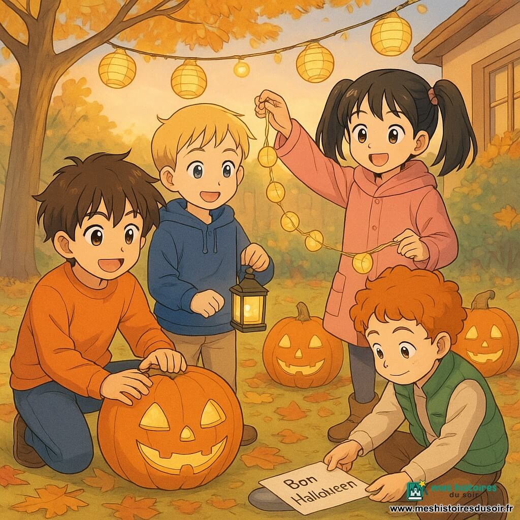 Quatre enfants de 8 ans sont dans une cour de maison chaleureuse illuminée par des guirlandes lumineuses en papier. Max, avec des cheveux bruns ébouriffés et un pull orange, est accroupi près d'une citrouille souriante qu'il a sculptée. Lucas, aux cheveux blonds courts et vêtu d'un sweat bleu, tient une petite lanterne allumée à côté de Max. Zoé, avec des cheveux noirs en couettes et un manteau rose, suspend une guirlande lumineuse en papier. Hugo, aux cheveux roux bouclés et portant un gilet vert, place une feuille de papier sous une pierre. La scène, en fin de journée avec une lumière dorée, montre les enfants préparant un chemin magique pour Halloween avec des citrouilles et des guirlandes, dans une ambiance joyeuse et complice. Les couleurs vives et chaleureuses évoquent la magie de l'automne.