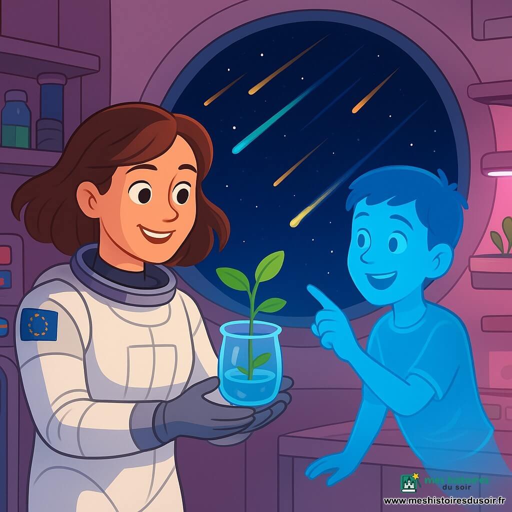 Camille, astronaute au visage souriant et déterminé, cheveux châtains flottant en apesanteur, en combinaison spatiale blanche et argentée avec un petit drapeau européen à l'épaule, tient délicatement un petit pot transparent contenant une pousse verte flottante presque souriante; Julien, garçon de 12 ans en hologramme bleu translucide aux cheveux courts bruns, flotte à mi-hauteur et pointe la pousse émerveillé; intérieur lumineux du laboratoire de la station Orion aux parois métalliques, panneaux de contrôle colorés, étagères avec flacons et lampes LED rose et blanc éclairant des bacs hydroponiques; par un grand hublot rond on voit un ciel étoilé et une pluie de météores aux traînées dorées et bleues; scène de découverte calme et émerveillée, couleurs vives et formes simples adaptées à un livre jeunesse.
