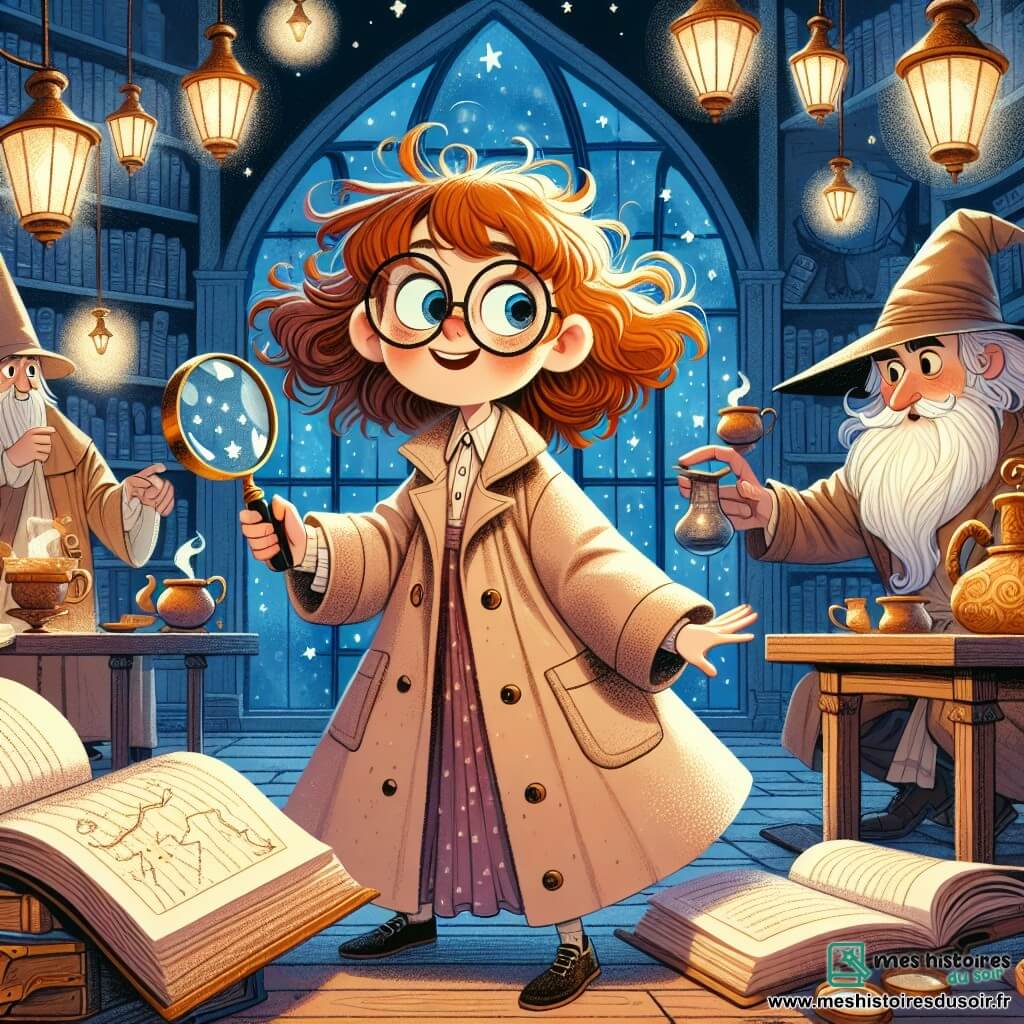 Une jeune fille de 9 ans, Lila, avec des cheveux roux en bataille et des lunettes rondes, se tient au centre de la scène, les yeux écarquillés d'excitation. Elle porte un long manteau beige et tient une loupe, prête à résoudre le mystère de la lune disparue. À sa droite, un vieux magicien à la barbe blanche, vêtu d'une robe bleue étoilée, l'observe avec bienveillance, tandis qu'à sa gauche, une sorcière avec un chapeau pointu et des cheveux noirs ajuste ses lunettes en regardant une carte magique. Le lieu est le Café des Enchanteurs, un endroit chaleureux avec des miroirs enchantés et des lampadaires flottants. Lila, déterminée, lève sa loupe vers un éclat argenté au centre de la table, symbolisant la lune disparue, tandis que les autres personnages se penchent vers elle, impatients de connaître son plan.