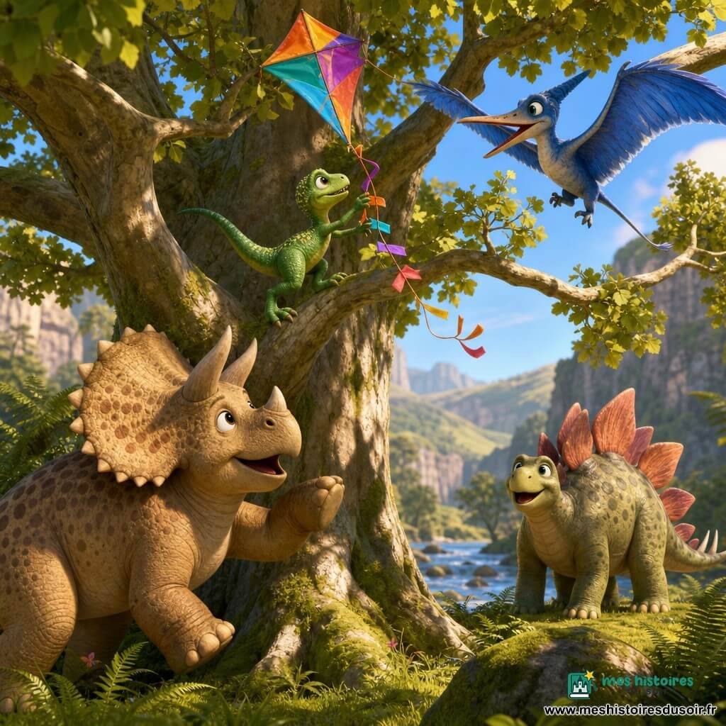 Riri, petit vélociraptor vert émeraude, grimpe dans un vieux sycomore pour récupérer un cerf‑volant pris dans les feuilles tandis que Toto le tricératops beige l'encourage au pied de l'arbre, Léa la ptéranodon aux ailes bleu clair plane prête à attraper la ficelle et Bobo le stégosaure, à droite, sourit bienveillant ; la scène se déroule dans une vallée ensoleillée matinale avec herbes hautes, fougères, une rivière scintillante et rochers moussus, ambiance joyeuse et solidaire.
