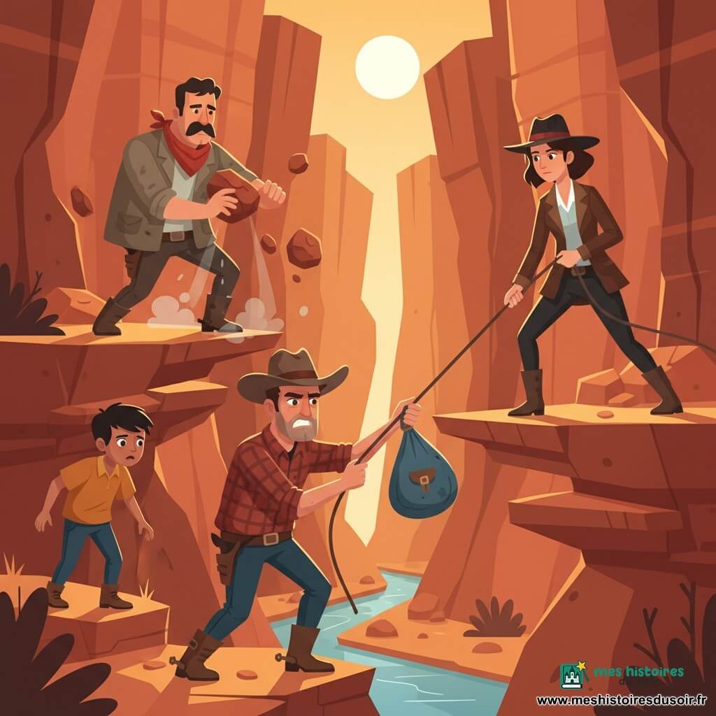 Jed, visage buriné et chapeau de cow-boy usé, tire un sac en cuir bleu depuis une corniche rocheuse en s’agrippant à la corde, visage tendu par l’effort ; Luna, ~28 ans, chapeau de feutre sombre et veste en cuir, tient la corde en haut de la falaise, jambes écartées, regard fixé sur Jed ; Hank, grand moustachu quarantaine, bandana et veste poussiéreuse, pousse des rochers en hauteur à gauche pour provoquer un éboulement ; Tomás, garçon d’environ 12 ans à la peau brune, attend anxieux mais plein d’espoir sur une corniche inférieure pour récupérer le sac. Le canyon étroit aux parois rouges et ocres, corniches irrégulières et buissons secs, lumière chaude de fin d’après-midi et filet d’eau en fond servent de décor à cette scène d’action où Jed récupère le sac volé tandis que l’éboulement disperse les bandits.