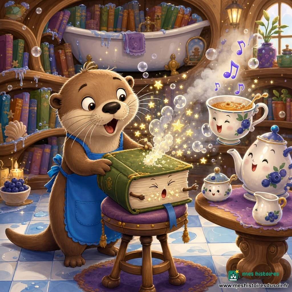 Lila la loutre, joyeuse et étonnée, moustaches frétillantes, pelage brun clair lustré, porte un tablier bleu «Ne pas plonger les livres» et tient un grimoire enrhumé; le grimoire, épais à couverture verte avec yeux sur la tranche et poussière dorée, éternue des étoiles et des bulles depuis un tabouret à côté; un service à thé anthropomorphe souriant, tasse à motifs myrtille et thé chantant, flotte près d'une petite table; décor : Bibliothèque-Baignoire aux étagères en bois courbé en vagues, livres aux bords ondulés, carrelage blanc et bleu, légère vapeur parfum myrtille et une grande baignoire devenue étagère; scène : Lila ouvre le grimoire qui frétille et émet étincelles et bulles, atmosphère drôle et magique, couleurs vives, formes simples, composition claire centrée sur Lila et le grimoire.