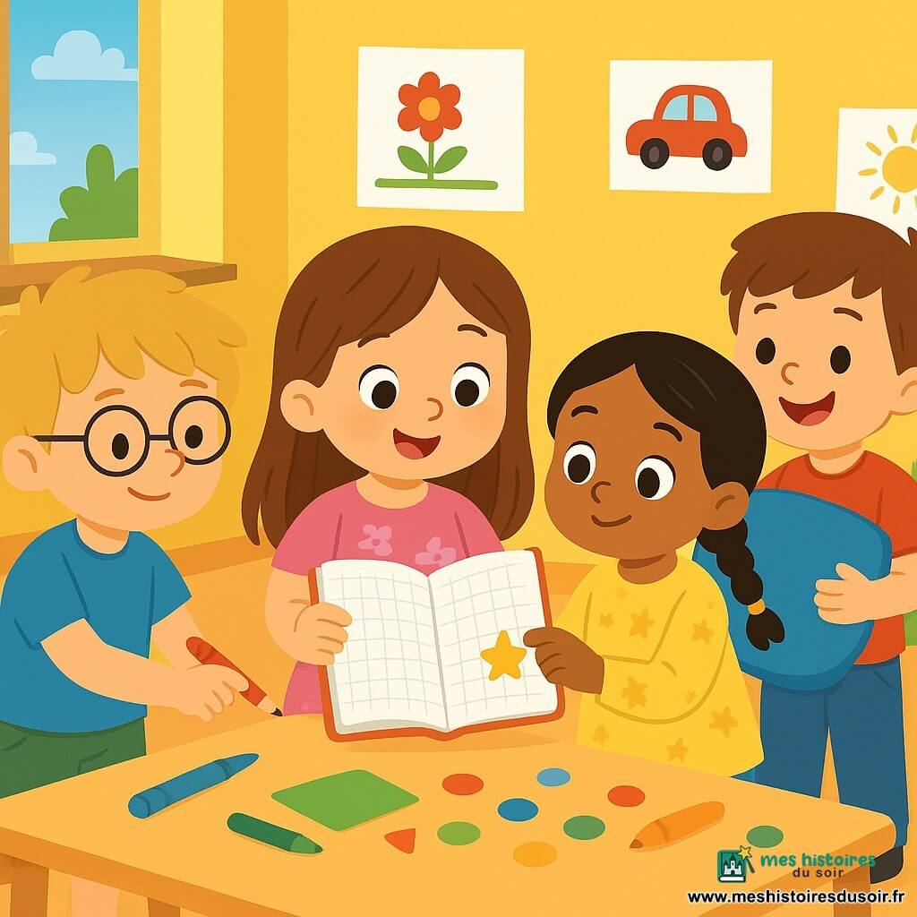 Quatre enfants sont présents : Léa, une fille de 4 ans avec de longs cheveux bruns, portant une robe rose et tenant un carnet ; Tom, un garçon de 4 ans avec des cheveux blonds en bataille et des lunettes, vêtu d'un t-shirt bleu et d'un short vert, pointant un crayon vers le carnet ; Nina, une fille de 4 ans avec des cheveux noirs tressés, en blouse jaune, collant une gommette étoile sur le carnet ; et Hugo, un garçon de 4 ans avec des cheveux châtains, souriant, portant un t-shirt rouge et un pantalon en jean, tenant un coussin bleu. La scène se déroule dans une classe lumineuse et colorée, avec des murs jaunes, des tables en bois et un coin lecture. Les enfants sont concentrés sur le carnet, Léa lit à voix haute tandis que les autres échangent des idées, entourés de dessins et d'indices colorés.