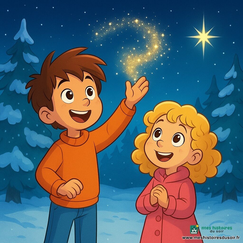 Lucas, un garçon de 8 ans aux cheveux bruns ébouriffés et aux yeux curieux, lance une poignée de poudre scintillante en l'air avec émerveillement. Sa sœur Léa, 6 ans, aux boucles blondes et sourire radieux, observe la poudre tourbillonner avec des yeux écarquillés. Ils sont dans un parc enneigé, entouré de sapins aux branches enneigées, illuminés d'une lumière douce. La nuit est claire avec une étoile brillante dans le ciel, éclairant la scène d'une lueur féerique.