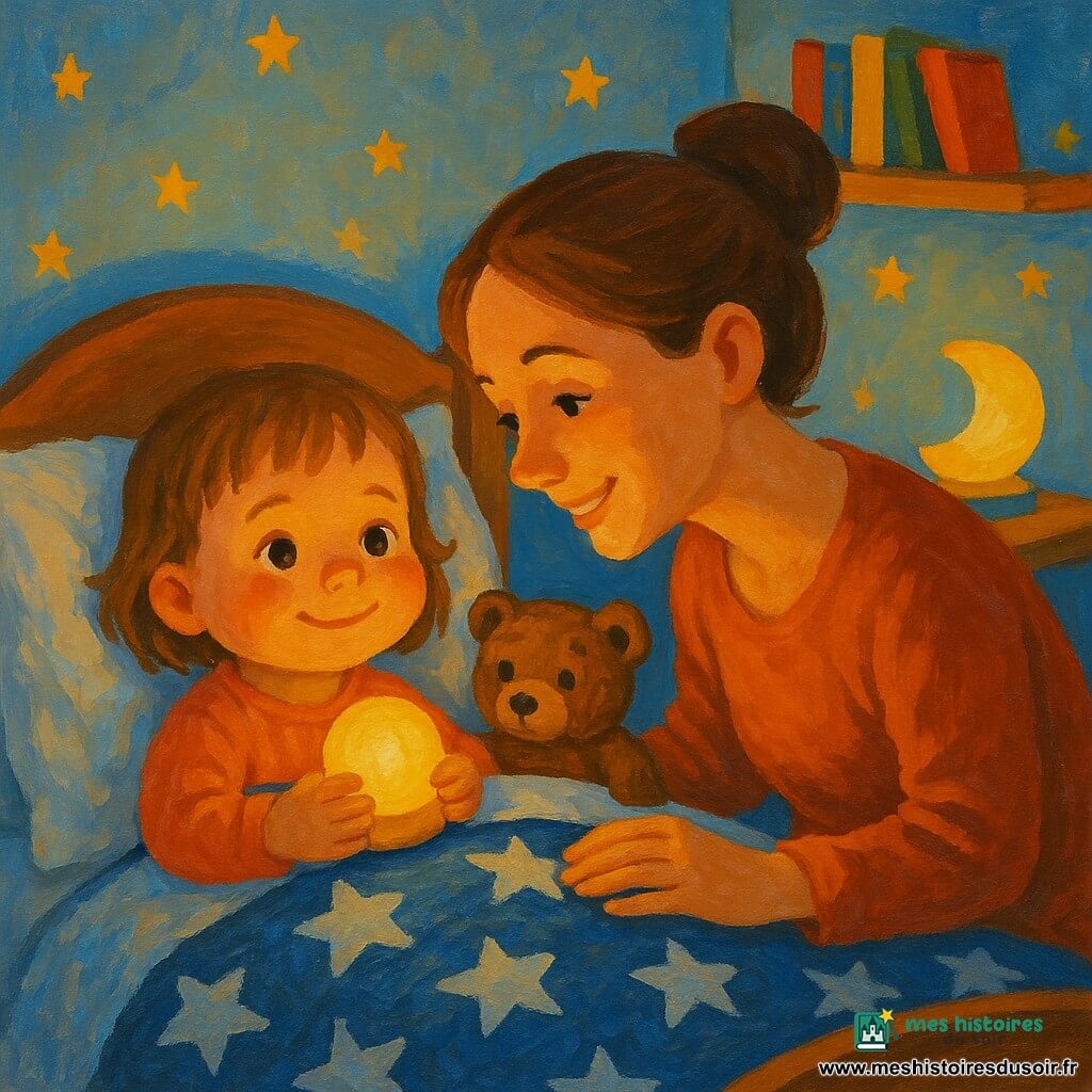 Une fillette de 2 ans au visage rond et souriant, emmitouflée sous une couverture étoilée, tient une petite lampe jaune chaude tandis que sa maman aux cheveux bruns attachés, penchée et rassurante, pose la main sur la couverture ; un ours en peluche brun est sur l'oreiller, la chambre bleue pâle décorée d'étoiles peintes à la main et d'une étagère avec des livres, éclairée par une lampe ronde diffusant une lueur dorée ; style peinture acrylique aux textures visibles, couleurs chaudes et contours légèrement arrondis, composition centrée sur la fillette et la lampe.