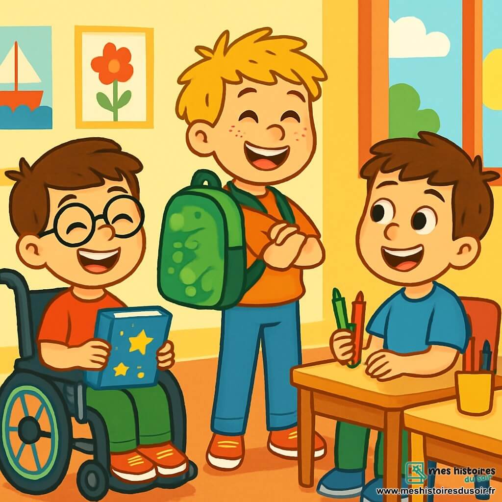 Il y a trois personnages : Tom, un garçon de 8 ans avec des cheveux bruns et des lunettes, assis dans son fauteuil roulant, souriant et tenant un cahier avec des étoiles ; Hugo, un garçon de 8 ans aux cheveux blonds en bataille, debout à côté de Tom avec les bras croisés et un grand sourire, portant un sac à dos vert avec un T-Rex ; Léo, un garçon de 8 ans avec des cheveux châtains et un t-shirt bleu, assis sur une chaise à côté de Tom, tenant des crayons de couleur et regardant avec enthousiasme ses amis. L'action se déroule dans une salle de classe lumineuse aux murs jaunes, avec des dessins colorés, des tables en bois clair et des chaises multicolores. Les trois amis chantent joyeusement ensemble, prêts à vivre une belle aventure d'amitié et d'apprentissage.