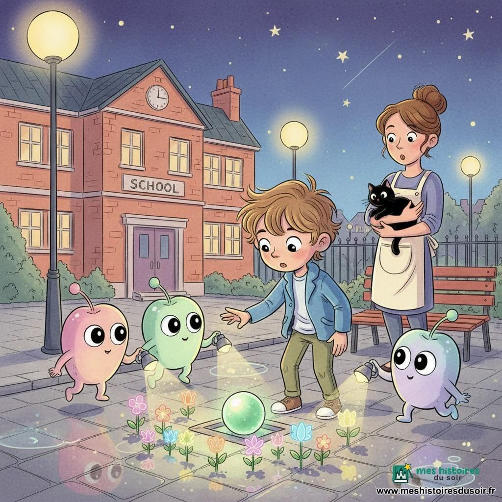 Léo, garçon de 6 ans aux cheveux châtain clair et veste bleue, tend la main vers une perle verte lumineuse sur une place pavée devant une école en brique tandis que trois petites créatures extraterrestres pastel, tenant de minuscules lampes, sourient en sautillant; une boulangère d’une quarantaine d’années, chignon et tablier, tient un chat en arrière-plan près d’un banc; des lampadaires diffusent une lumière chaude, les trottoirs mouillés reflètent des néons et des jardinières dégagent des fleurs et papillons de lumière; la perle ouvre un volet et déclenche des jardins lumineux sous un ciel étoilé, ambiance tendre et magique.