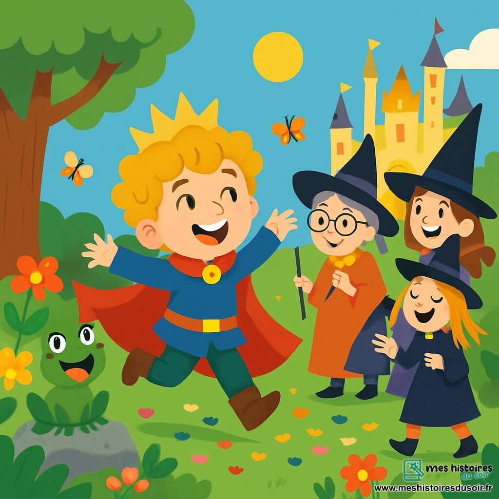 Léo, un petit prince de 7 ans aux cheveux bouclés et dorés, porte une longue cape rouge et saute de joie dans un jardin enchanté. À ses côtés, une grenouille verte chante joyeusement sur une pierre couverte de mousse. Plus loin, trois sorcières farfelues se tiennent là : une vieille femme avec des lunettes rondes, une jeune femme en chaussettes à pois colorés, et une petite sorcière de 10 ans aux cheveux en spaghettis. Le jardin est rempli de fleurs multicolores, d'arbres noueux et de papillons. Au fond, un château scintille sous un ciel bleu. Léo découvre un lit de confettis et se demande d'où vient cette blague magique, tandis que les sorcières échangent des regards complices.