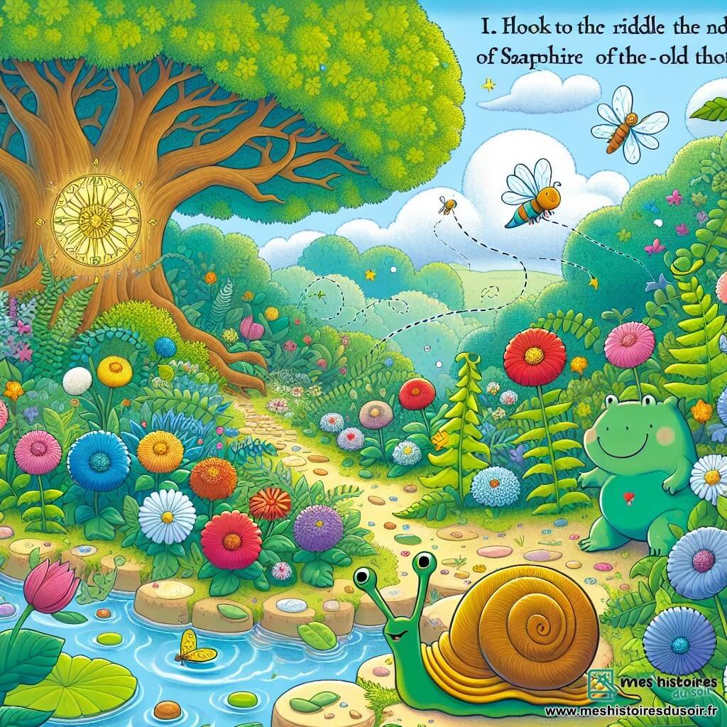 Un petit escargot nommé Théodore avance lentement sur une feuille verte, ses antennes frémissantes et ses yeux brillants de curiosité. À côté de lui, Léonore la luciole éclaire le chemin avec sa douce lumière, flottant dans l'air frais du matin. Gustave la grenouille saute joyeusement sur une pierre près d'un ruisseau scintillant. Le décor est un jardin luxuriant, rempli de fleurs colorées et d'un ciel bleu parsemé de nuages blancs. La scène représente le moment où Théodore et ses amis découvrent le grand chêne, prêts à affronter les énigmes du vieux hibou Saphir, symbolisant le début de leur quête d'aventure et de sagesse.