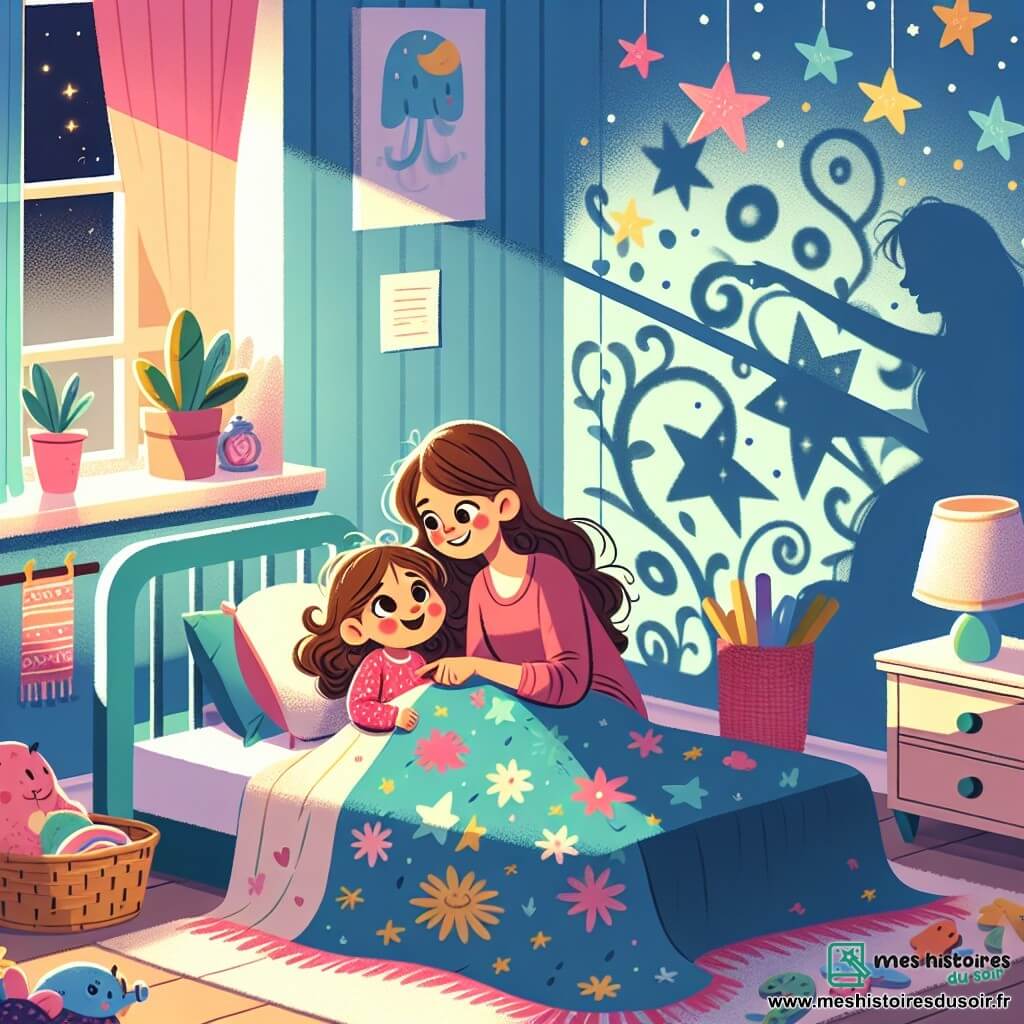 Luna, une petite fille de 4 ans aux grands yeux brillants et cheveux bouclés châtains, est allongée sur son lit entourée de couvertures colorées. Elle exprime émerveillement et curiosité en regardant les ombres danser sur le mur, créées par une lampe de chevet. Sa maman, douce femme d'environ 30 ans aux cheveux longs et lisses, est assise à ses côtés, lui montrant le ciel étoilé à travers la fenêtre. La chambre est chaleureuse, avec des murs bleu pastel, des étoiles en papier au plafond et des jouets sur le sol. Une lumière douce crée une ambiance rassurante. Luna découvre que le noir peut être doux et magique, tandis que sa maman lui raconte des histoires sur les étoiles.