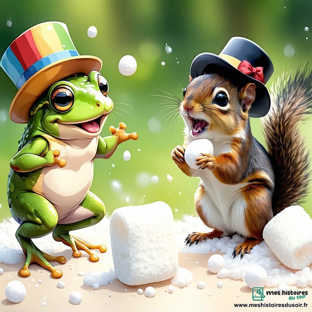 Léonard la grenouille, une petite grenouille verte avec de grands yeux ronds et un large sourire, saute joyeusement sur un sol en guimauve moelleuse, prêt à s'amuser. À côté de lui, Gaston l'écureuil, un petit écureuil brun avec un chapeau melon coloré, rit aux éclats en dansant maladroitement. Lucie la coccinelle, une coccinelle rouge à pois noirs, flotte dans les airs en soufflant des bulles de savon. La scène se déroule dans un monde féerique avec un sol en guimauve rose et des arbres en forme de sucettes, sous un ciel bleu. Léonard, Gaston et Lucie participent à une course de bulles de savon, éclatant de rire dans une atmosphère joyeuse.