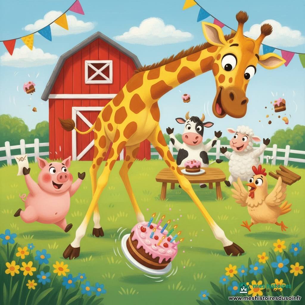 Gisèle, une grande girafe jaune à taches brun-orange, penchée en avant et riant, regarde un gâteau glissant entre ses longues pattes ; Gaston, un cochon rose dodu aux joues rouges, court à gauche en agitant une invitation froissée, tandis qu'Henri, un petit poulet beige aux plumes ébouriffées, court à droite en tenant un plateau cassé ; au second plan une vache tachetée et un mouton laineux sourient près d'une table basse tandis que des morceaux de gâteau volent, le tout dans une ferme ensoleillée avec une grande grange rouge, herbe fleurie et banderoles colorées, scène joyeuse et un peu chaotique centrée sur la girafe et le gâteau en mouvement.
