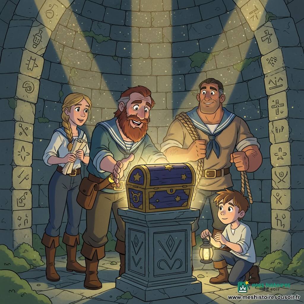 Le capitaine Edmond Leclerc, visage buriné, barbe auburn et regard émerveillé, tend la main vers un coffre lumineux posé sur un piédestal dans une tour ancienne de l'Île du Savoir; derrière lui Jacques, le quartier‑maître grand et robuste, tient une corde, Isabelle la navigatrice aux cheveux blonds tressés tient une carte à gauche, et Mathis, le mousse d'une dizaine d'années, accroupi avec une petite lanterne, regarde le trésor; murs de pierre moussue couverts de symboles, rayons de lumière dorée filtrant, coffre ouvert irradiant une douce lueur dorée et bleue avec motifs d'étoiles, ambiance magique et paisible.