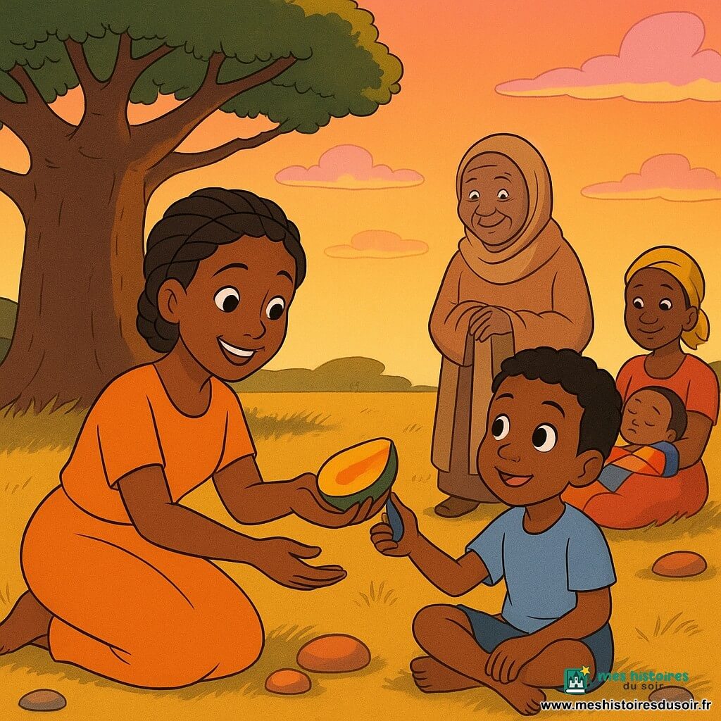 Fanta, jeune femme à la peau brune et aux cheveux tressés en couronne, en jupe couleur mangue tend une moitié de mangue tout en tenant une petite pierre bleu nuit contre son oreille; à sa droite un garçon d’environ 8 ans, cheveux courts et yeux émerveillés, assis par terre accepte la mangue d’une main et porte la pierre bleue à son oreille de l’autre; au loin, sous un large baobab à gauche, une femme âgée à la peau ridée mais au regard doux sourit en tenant une petite couverture, et un bébé d’environ un an dort paisiblement dans les bras d’une voisine, couvert d’un tissu coloré; la scène se déroule dans une savane au coucher du soleil avec herbe dorée, petites pierres chaudes et lisses légèrement lumineuses et un ciel orangé aux nuages roses — ambiance chaleureuse, gestes tendres, couleurs chaudes, style simple et enfantin aux traits ronds et expressions lisibles.