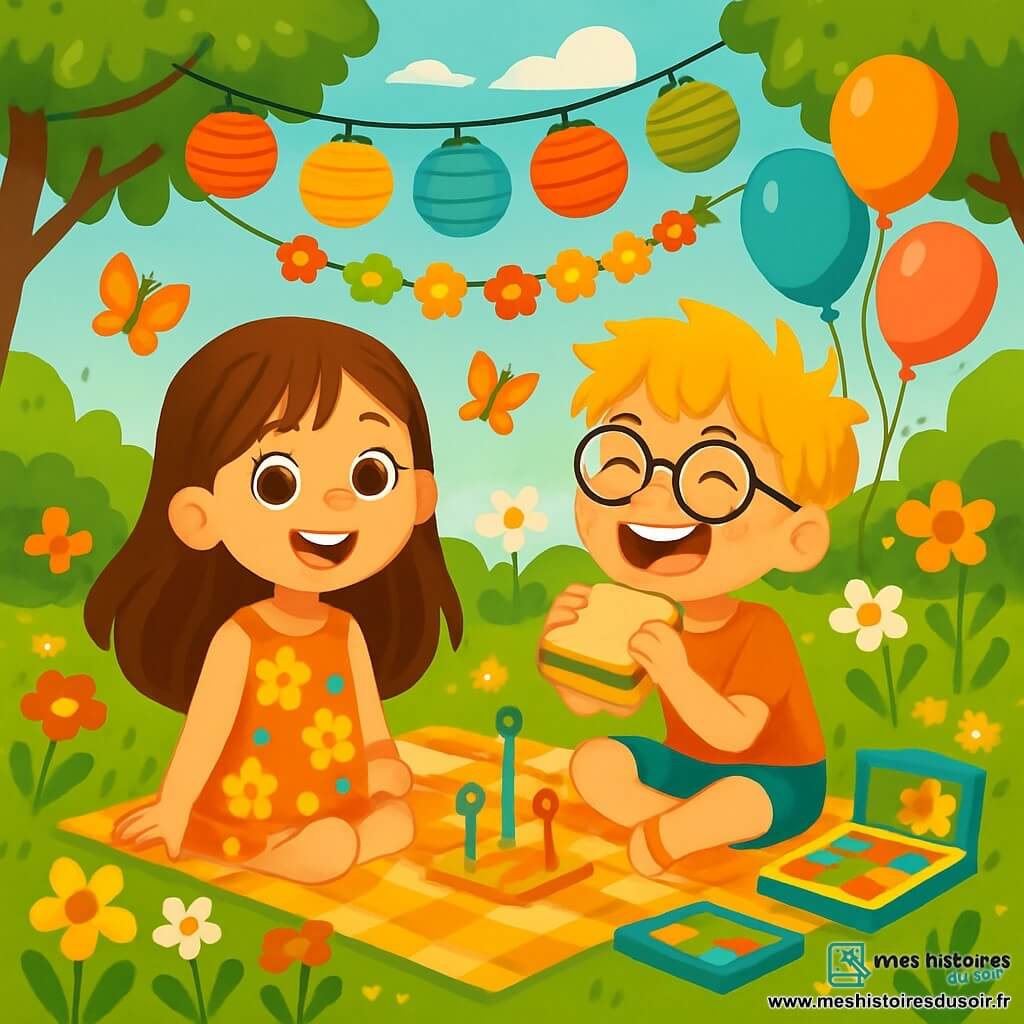 Mila, une petite fille de 8 ans aux longs cheveux bruns et aux yeux pétillants, est assise dans son jardin sur l'herbe verte, entourée de fleurs colorées. Elle porte une robe à fleurs et sourit, enthousiaste pour l'été. À ses côtés, son meilleur ami Timothée, également âgé de 8 ans, a des cheveux blonds en bataille et des lunettes rondes, riant tout en tenant un sandwich. Ils sont sur une couverture à carreaux, entourés de jeux et de lampions accrochés aux arbres. Le jardin est illuminé par une lumière dorée, avec des papillons volant autour des fleurs. Ils préparent une fête d'été joyeuse, pleine de rires et d'amitié, avec des ballons et des guirlandes de fleurs.