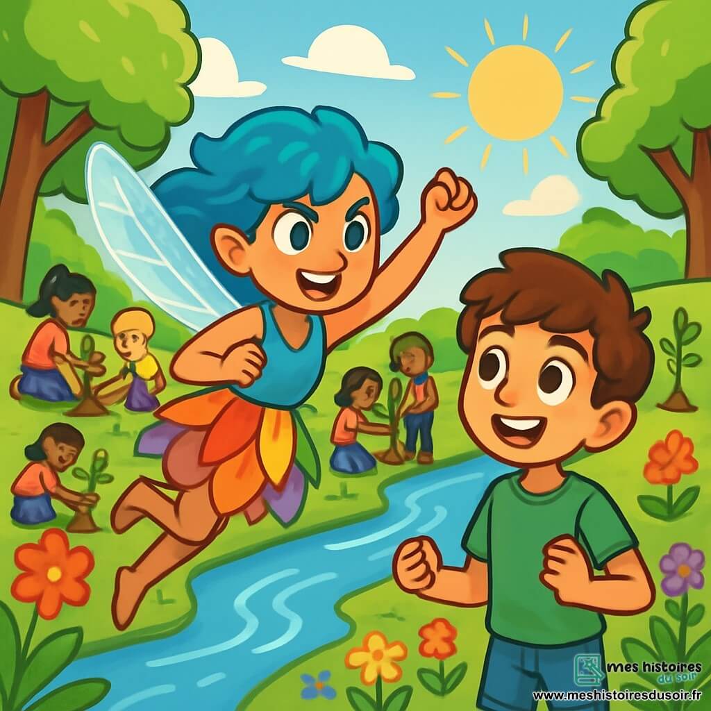 Lila, une petite fée aux ailes translucides et scintillantes, vole joyeusement au-dessus d'une rivière, son visage rayonnant d'enthousiasme. Ses cheveux bouclés, d'un bleu éclatant, flottent dans le vent, et elle porte une robe faite de pétales de fleurs colorées. À proximité, Milo, un jeune garçon aux cheveux bruns, observe Lila avec admiration, portant un t-shirt vert et un short en denim. Le décor est une vallée verdoyante avec des arbres majestueux et des fleurs multicolores. Lila et Milo discutent avec passion des moyens de sauver leur environnement, entourés de jeunes villageois qui commencent à planter des arbres, dégageant une énergie d'action et d'espoir pour un avenir meilleur.