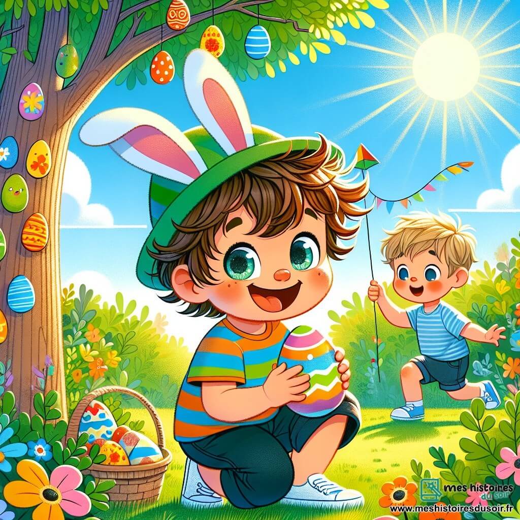 Léo, un petit garçon de 4 ans aux cheveux bruns en désordre et aux yeux pétillants, porte un chapeau de lapin coloré et un t-shirt rayé. Accroupi dans un jardin ensoleillé, il tient un œuf décoré avec un grand sourire. À ses côtés, Tom, 5 ans, aux cheveux blonds et en t-shirt bleu, le regarde avec émerveillement, tenant un cerf-volant et pointant un petit lapin en peluche coincé dans un arbre. Le jardin est rempli de fleurs colorées, de buissons verdoyants et d'un grand chêne, sous lequel se cachent des œufs de Pâques. La scène dépeint Léo et Tom en pleine chasse aux œufs, riant et découvrant des surprises.