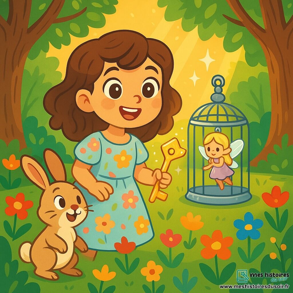 Éloïse, une jeune femme joyeuse aux cheveux bruns ondulés, se tient au centre d'une clairière enchantée, son visage rayonnant d'excitation et de détermination. Elle porte une robe légère aux couleurs pastel, ornée de fleurs, et tient une clé scintillante. À ses côtés, un petit lapin curieux se tient sur ses pattes arrière, semblant l'encourager. La clairière, entourée de grands arbres aux troncs rugueux et de fleurs éclatantes, est baignée d'une lumière dorée. Éloïse se prépare à libérer Lila, la fée emprisonnée dans une cage de fil d'argent, créant une atmosphère de mystère et d'aventure.