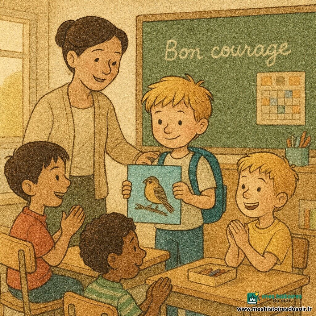 Il y a cinq personnages : Tom, garçon de 6 ans, cheveux châtain clair en bataille, cartable bleu, debout devant la classe tenant une feuille bleue et montrant une photo de moineau, sourire timide mais fier ; Léo, garçon de 6 ans, cheveux noirs courts, t-shirt rouge, assis à gauche de Tom, rit doucement et applaudit ; Malik, garçon de 6 ans, peau brune, boucles courtes, chemise à rayures vertes, range des feutres et regarde Tom avec admiration ; Hugo, garçon de 6 ans, blond, t-shirt jaune, assis à droite de Tom près du pupitre, souffle un encouragement et sourit ; Madame Claire, la maîtresse d’environ 30–40 ans, cheveux en chignon, veste crème, debout légèrement derrière Tom à gauche la main posée sur son épaule, regard bienveillant. Lieu : petite classe primaire éclairée par une fenêtre à gauche laissant entrer une lumière dorée, chaises en bois clair, tableau vert avec un mot "Bon courage", calendrier et affiches d’alphabet, boîtes de crayons sur une étagère. Situation : Tom présente un exposé sur les oiseaux devant ses camarades dans une ambiance chaleureuse et sécurisante, rires doux et applaudissements ; mettre l’accent sur le geste protecteur de la maîtresse et l’expression fière de Tom, textures papier journal, traits légèrement grainés, couleurs douces et contrastes chauds.