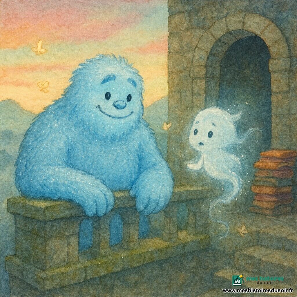 Un grand yéti nommé Boon, au pelage bleu ciel velouté et aux yeux bienveillants, sourit et pose une patte rassurante sur le rebord d’un balcon de monastère en pierre grise couverte de mousse ; à ses côtés flotte une petite âme translucide, comme un nuage argenté aux yeux inquiets, soulagée et émerveillée. Des lanternes flottantes et des tapis volants sont empilés près de la porte arquée, la vallée embrumée s’étend en contrebas et le ciel d’aube, rose, or et vert pâle, baigne la scène de lumière chaude tandis que des papillons de lumière tourbillonnent. Boon, qui vient d’éveiller l’aurore avec une pierre magique, aide tendrement la petite âme à retrouver ses souvenirs dans une atmosphère douce et consolatrice au-dessus des nuages.