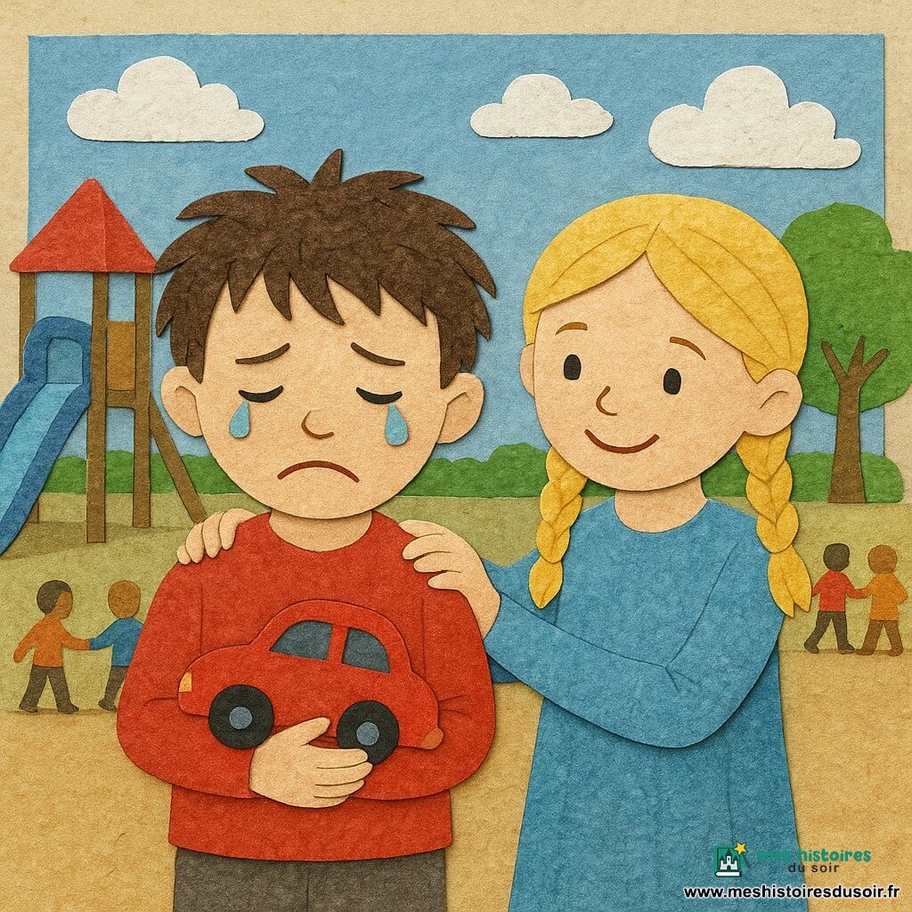 Léo, un garçon de 6 ans aux cheveux bruns ébouriffés, a le visage triste avec des larmes aux coins des yeux, tenant fermement sa petite voiture rouge. À ses côtés, Léa, une fille de 6 ans avec des cheveux blonds en tresses et un sourire réconfortant, pose une main amicale sur son épaule. Ils sont dans la cour de récréation de l'école, entourés de jeux colorés et de quelques arbres aux feuilles vertes. Au loin, un groupe d'enfants joue ensemble sous un ciel bleu parsemé de quelques nuages blancs moelleux. La scène illustre le soutien de Léa à Léo, symbolisant l'amitié et la solidarité.