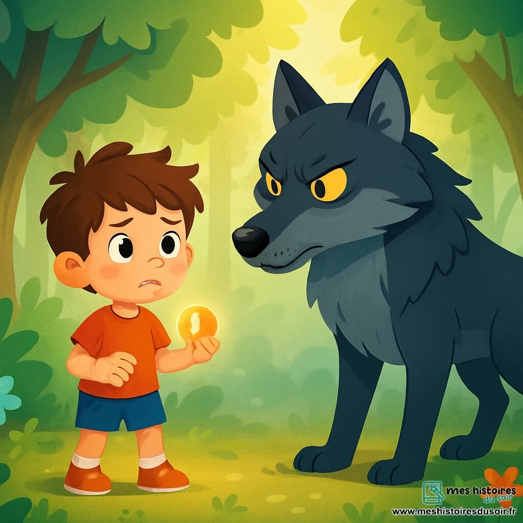 Un petit garçon de six ans, Léo, avec des cheveux bruns en bataille et des yeux curieux, se tient au centre de la scène, le visage marqué par la peur et la détermination. Il porte un t-shirt rouge et un short bleu, serrant dans sa main une pierre magique brillante. Le grand méchant loup, imposant, avec un pelage gris foncé et des yeux jaunes, se tient devant lui, affichant une expression menaçante. La forêt enchantée, dense et mystérieuse, est peuplée d'arbres noueux et de fleurs colorées, baignée de rayons de soleil dorés. Léo est prêt à affronter sa peur, tandis que le loup l'observe intensément.