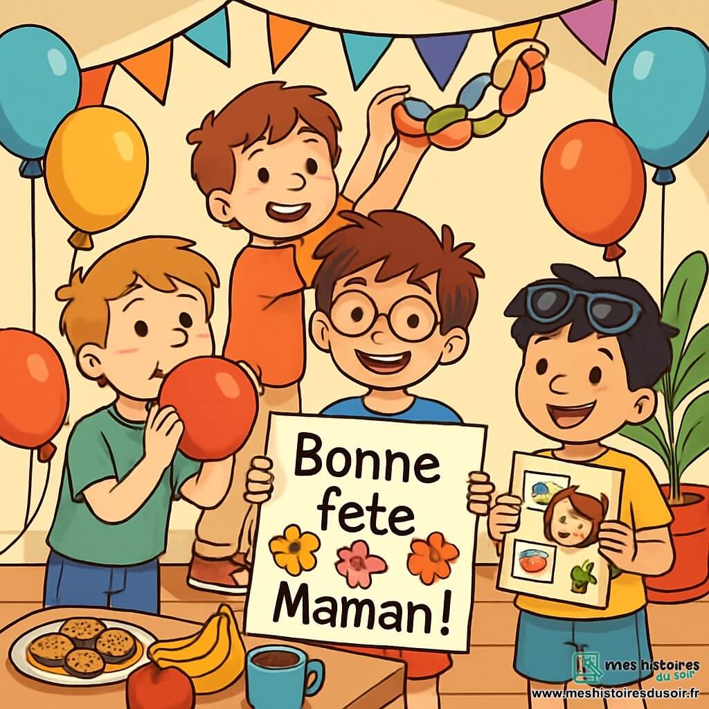 Quatre enfants préparent une fête surprise pour la fête des mères. Gaspard, 8 ans, est au centre avec des cheveux bruns et des lunettes rondes, tenant une affiche "Bonne fête, maman !" Léo, 9 ans, à gauche, gonfle un ballon rouge, souriant. Sami, 8 ans, à droite, montre un album photo fait main. Tom, 7 ans, derrière Gaspard, tient une guirlande colorée. La maison est décorée de ballons et guirlandes, avec une table remplie de friandises, créant une ambiance festive et joyeuse.