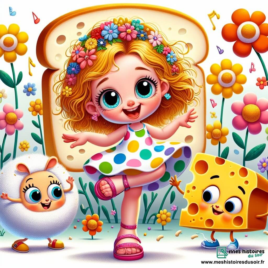Au centre de l'image, Zoé, une petite fille de 6 ans aux cheveux dorés, porte une robe à pois colorés et danse joyeusement sous une lune de fromage, entourée de fleurs multicolores. À sa droite, Tim la Tartine, une tranche de pain souriante, saute sur une fleur géante en invitant Zoé à danser. À sa gauche, Bob le Mouton, un mouton à la laine bouclée portant un béret rouge, se dandine près d'une chaussure rouge qui parle, en débat avec une chaussure bleue. Le décor est une prairie enchantée avec des fleurs dansantes, des nuages sucrés et une lune brillante, créant une scène magique et loufoque.