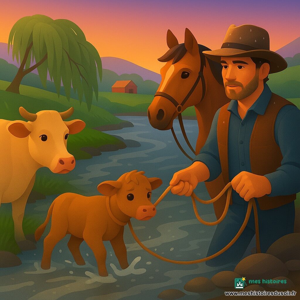 Un cow-boy d'une trentaine d'années au visage hâlé, barbe de quelques jours, chapeau de feutre marron usé, chemise en denim et gilet en cuir tient les rênes d'un cheval alezan tandis qu'il tire doucement un lasso pour ramener un jeune veau brun trempé et frissonnant de la rivière; la mère beige, immobile et inquiète, regarde son petit revenir depuis la rive; le cheval, solidement planté sur des pierres glissantes, aide à stabiliser la scène; lieu : rivière au courant vif, eaux argentées aux reflets bleu-gris, pierres et boue, saule penché, herbe brillante de pluie, collines douces et grange rouge au loin sous un ciel orange-violet de fin d'orage; moment : sauvetage calme et tendu, éclaboussures visibles, gouttes sur le chapeau et les bottes, expressions de fatigue et de soulagement, lumière douce de coucher de soleil aux tons chauds mêlés de bleus.