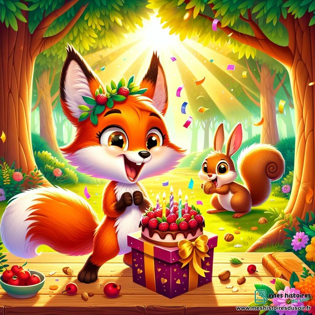 Un renard malicieux au pelage orange vif et aux yeux pétillants se tient au centre d'une clairière ensoleillée, souriant alors qu'il tient une grande boîte ornée de feuilles dorées, prête à révéler une pluie de confettis. À sa droite, un lapin aux grandes oreilles blanches grignote une noisette en sautillant. À sa gauche, un écureuil à la queue touffue s'apprête à attraper un gâteau aux baies sur une table en bois décorée de fleurs colorées. En arrière-plan, de grands arbres aux feuilles vertes et des rayons de soleil créent une atmosphère festive. La scène capture le moment joyeux où Renard annonce une surprise à ses amis lors de sa fête d'anniversaire.