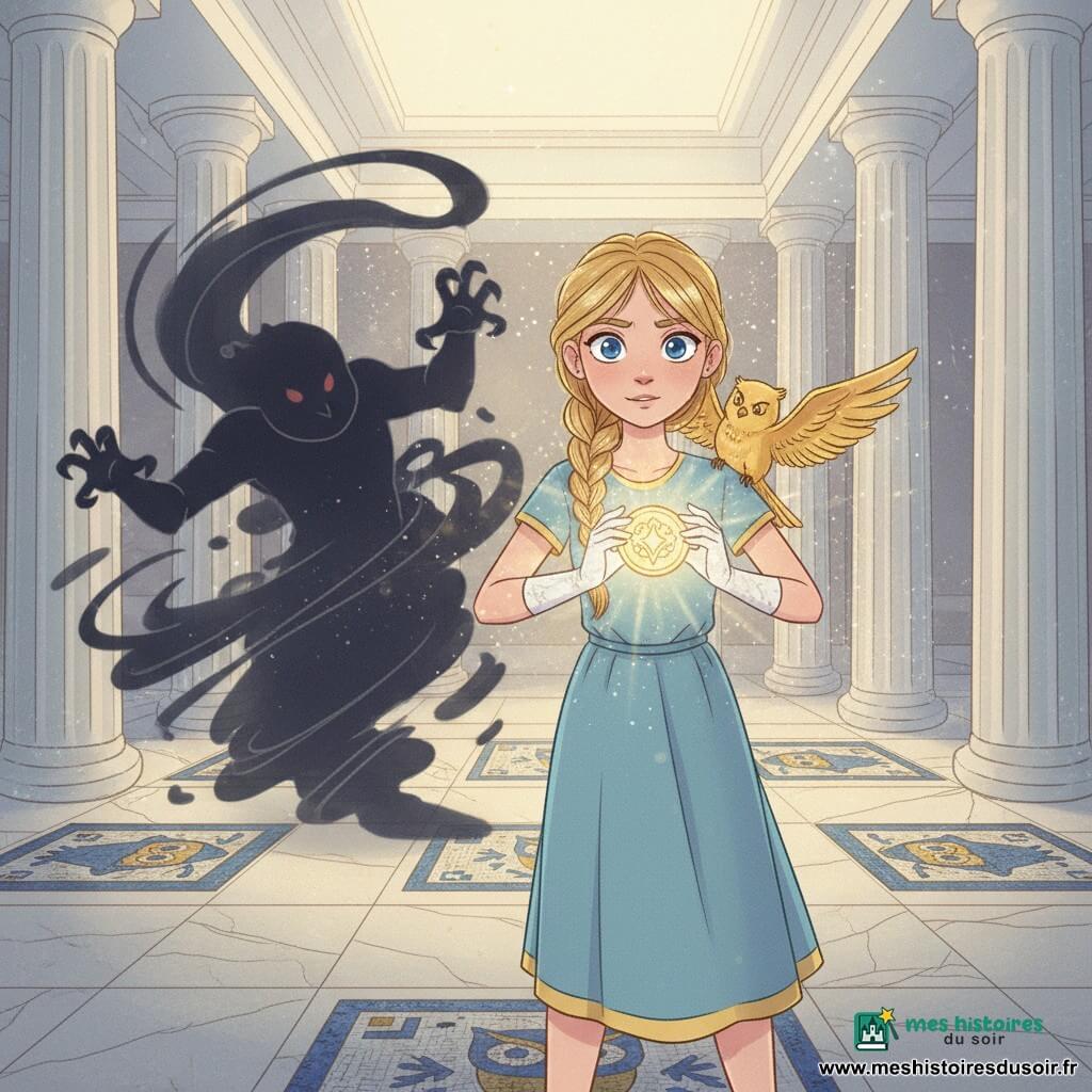 Elara, fille d'environ 12 ans, rayonnante et courageuse, yeux bleus brillants, cheveux blonds en tresses, tient un sceau circulaire étincelant entre ses mains gantées, posture droite et déterminée; sur son épaule droite un petit oiseau doré métallique aux ailes à demi déployées, malicieux; à l'arrière-gauche une créature d'ombre diffuse, silhouette noire tourbillonnante aux griffes étirées et yeux rouges minuscules, repoussée; en fond le temple d'Athéna avec colonnes blanches, marches de marbre, mosaïques bleu et or et une lumière zénithale dorée faisant scintiller la poussière; ambiance contrastée — lumière chaude autour d'Elara et du sceau contre tons froids et fumés de l'ombre, traits doux et couleurs pastel saturées, style bande dessinée enfantin lisible.