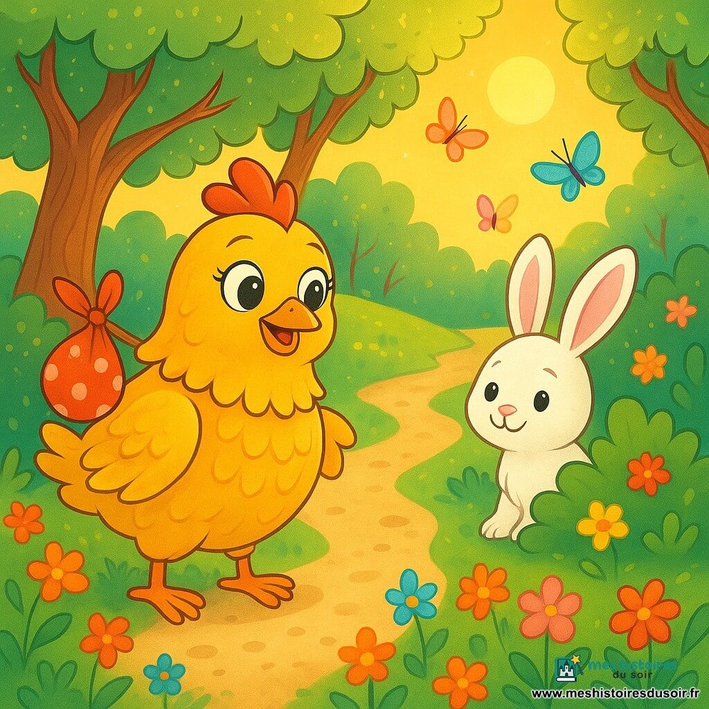 Une poule aux plumes dorées, nommée Plumette, se tient joyeusement au bord d'un chemin fleuri, ses yeux brillants de curiosité. Elle a un petit baluchon en tissu accroché à son aile et admire les fleurs colorées. À proximité, un petit lapin aux grandes oreilles, au pelage blanc, l'observe avec un sourire amical, prêt à l'aider. Le décor est une forêt magique avec des arbres aux troncs tordus et des feuilles scintillantes, baignés par la lumière dorée du soleil. Plumette hésite entre trois chemins : un sentier fleuri, un chemin de cailloux brillants et un autre où le vent murmure doucement, prête à découvrir les merveilles qui l'attendent.