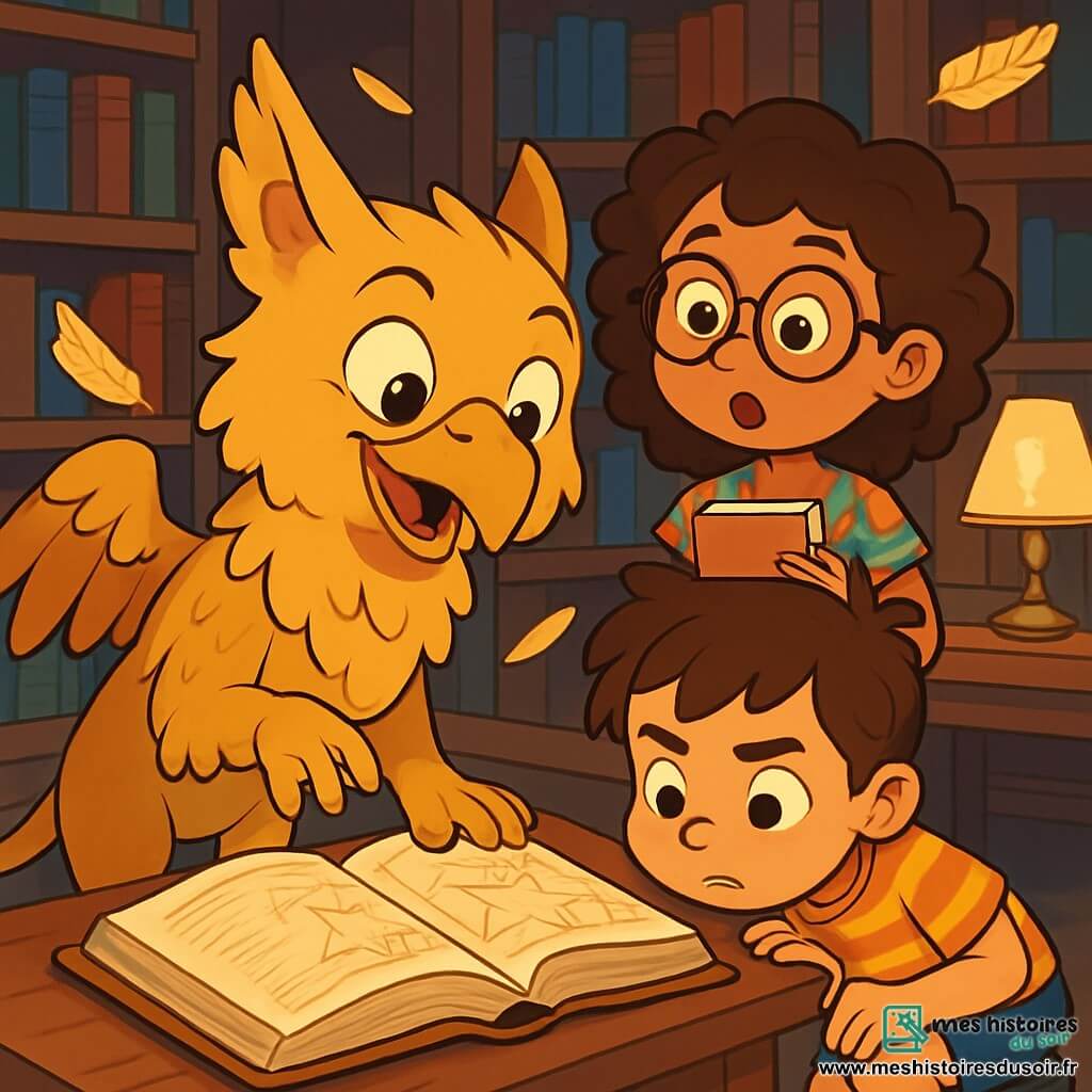 Plum, un jeune griffon aux plumes dorées et aux yeux curieux, est debout sur ses pattes arrière, examinant un vieux livre ouvert sur une table en bois, avec une expression intriguée et un léger sourire. À côté de lui, Léa, une petite fille aux cheveux bouclés et lunettes rondes, observe le livre avec émerveillement, portant une robe à fleurs et tenant un carnet. Sami, un petit garçon aux cheveux bruns en bataille, est accroupi sur le sol, concentré sur le plan du livre, vêtu d'un t-shirt rayé et d'un short. La scène se déroule dans une grande bibliothèque en bois sombre, remplie de livres colorés, éclairée par des lampes anciennes, avec des plumes dorées flottant dans l'air. Plum et ses amis découvrent un livre mystérieux, cherchant des indices sur un secret caché.