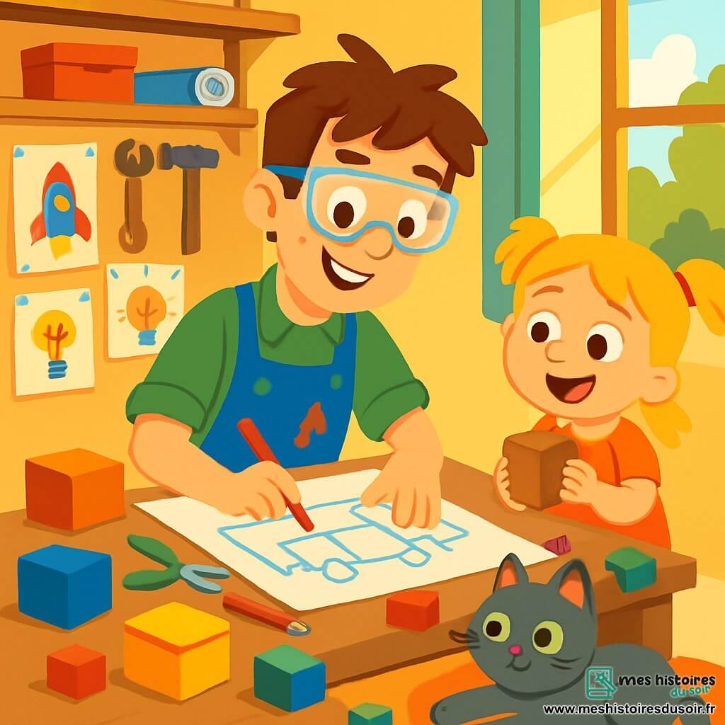 Un jeune homme nommé Simon, souriant et enthousiaste, est assis à son bureau dans son atelier. Il a des cheveux bruns en désordre, porte des lunettes de protection et un tablier plein de taches de peinture. Il dessine un plan sur un grand papier, entouré de boîtes colorées, de ciseaux et de crayons. À côté de lui, Lila, une petite fille de six ans avec des cheveux blonds et des couettes, observe avec des yeux brillants, tenant un cube en bois et souriant. Grisou, un chat gris aux yeux verts, est allongé sur le tapis, regardant les deux amis. L'atelier est lumineux, rempli d'outils et de matériaux, avec des dessins colorés accrochés aux murs. La scène montre Simon et Lila travaillant ensemble sur une boîte à cubes à roulettes, avec des cubes colorés éparpillés autour d'eux. Lila rit joyeusement tandis que Simon, concentré, trace des lignes sur son papier.